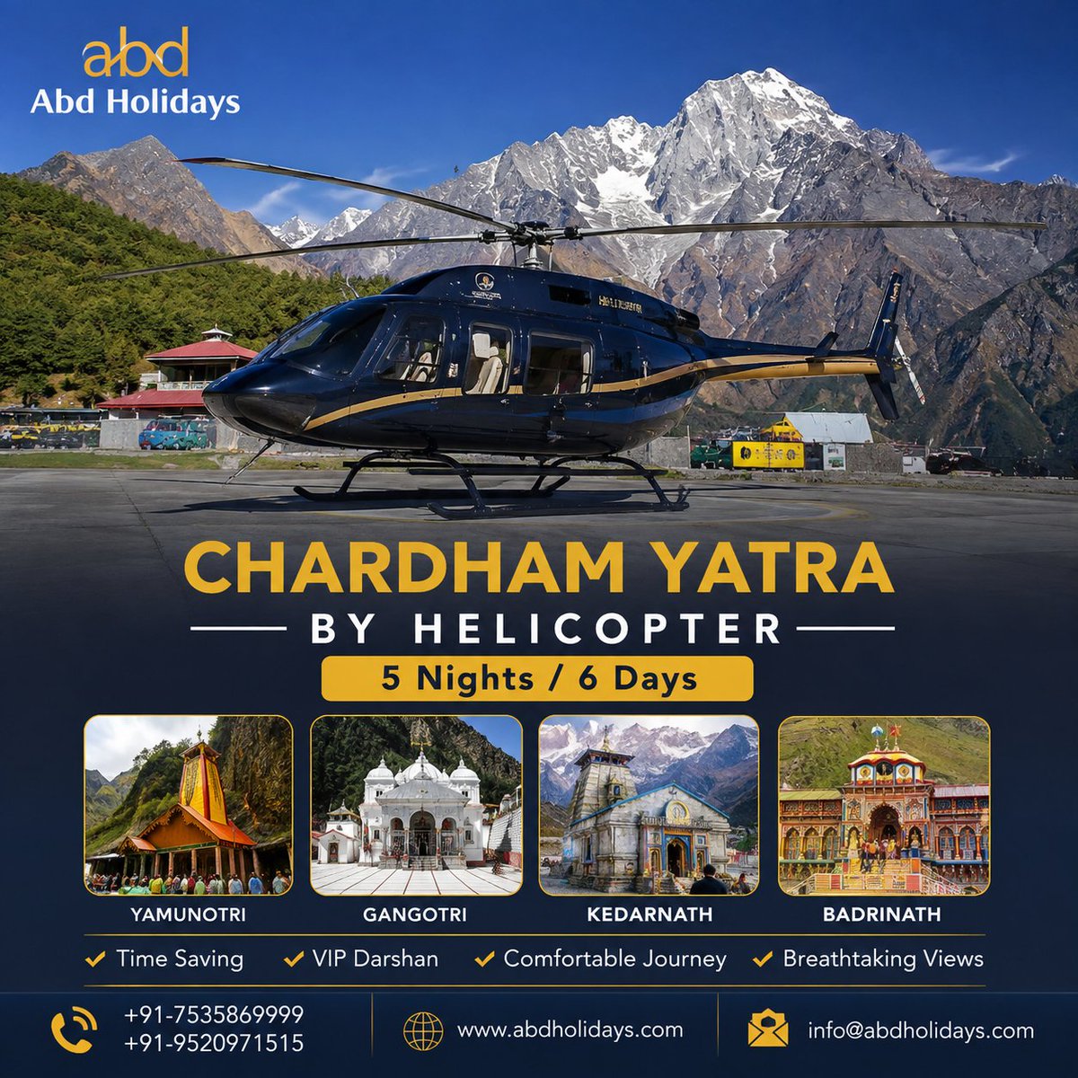 abd_holidays's tweet photo. 🚁 Char Dham Yatra by Helicopter – 5N/6D

🙏 Yamunotri → Gangotri → Kedarnath → Badrinath
📍 Dehradun to Dehradun
Experience the sacred Char Dham journey with helicopter travel & dedicated assistance.

📞 +91-7535869999 | +91-9520971515
🌐 https://t.co/ZoE52N28tU

#CharDhamYatra #Kedarnath #Badrinath #ABDHolidays
