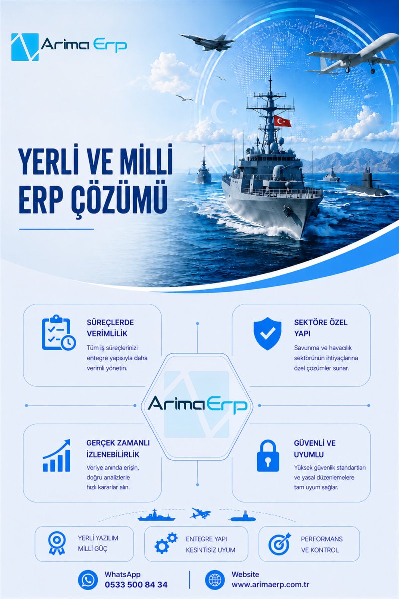 ArimaErp's tweet photo. Savunma ve havacılık sektörünün ihtiyaçlarına özel geliştirilen ArimaERP, üretimden kaliteye, stoktan bakım yönetimine kadar tüm süreçleri tek platformda yönetmenizi sağlar.

Detaylı bilgi için:

🌐 https://t.co/8HZdlWr9yW

📞 WhatsApp: 0533 500 84 34

#ArimaERP #ERP https://t.co/PcC6SHSIsI