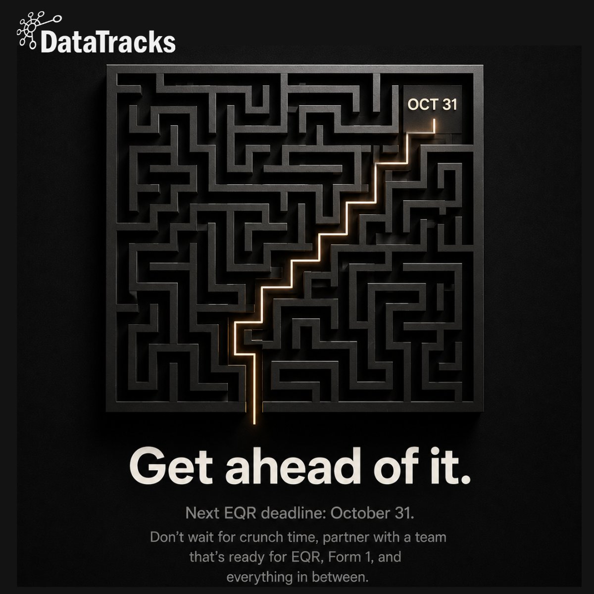 DataTracks's tweet photo. Mark your calendar: the next EQR filing deadline is October 31, 2026. 
The teams that file smoothly aren't the ones scrambling in the last week, they're the ones who lined up support early. 
Let's get your Q3 EQR (and the rest of your FERC compliance calendar) sorted now, not later. 

📩 Partner with us today. 
Call +1 (201) 908-8111 or email contact@datatracks.com 

#FERC #EQR #Q3Deadline #PlanAhead #EnergyCompliance