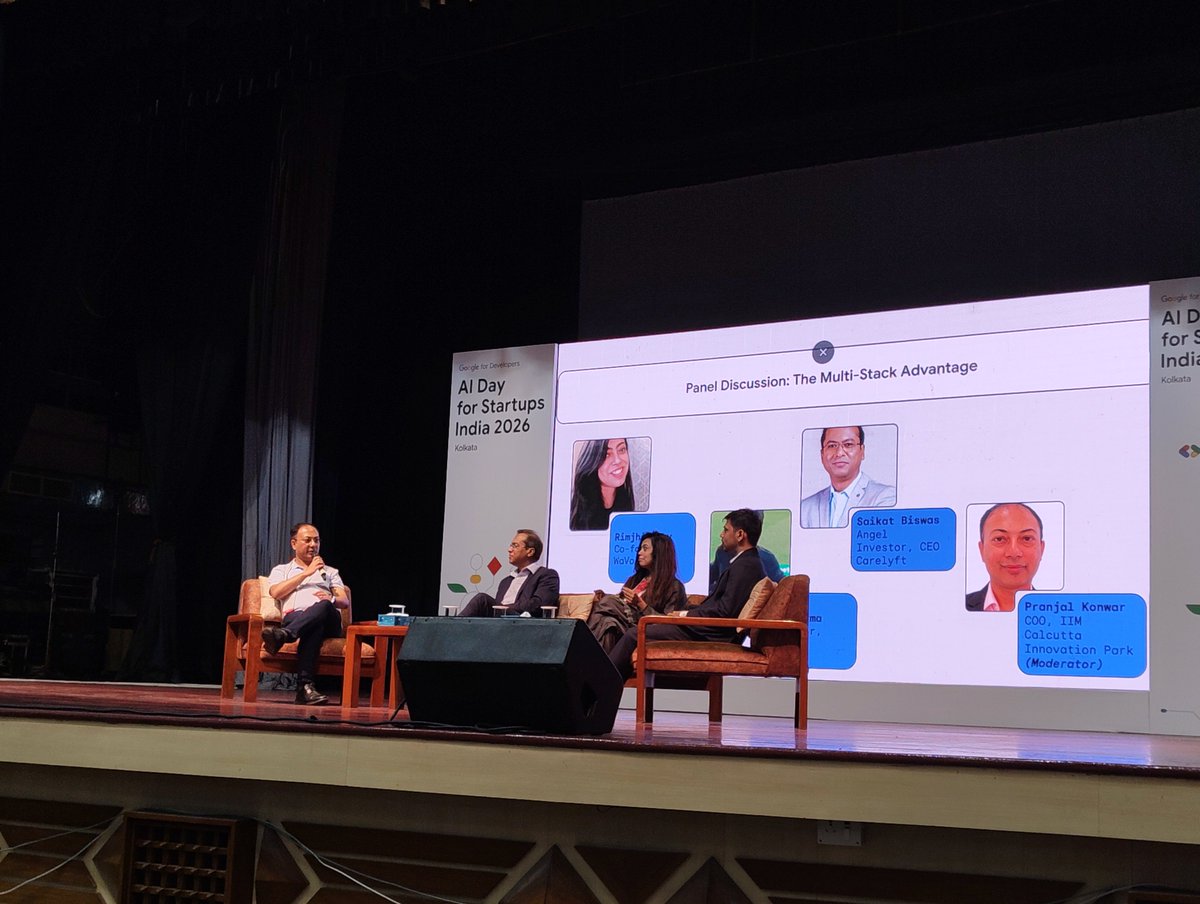gdgkolkata's tweet photo. Proud to have been a Community Partner at AI Day for Startups India 2026, where we explored Agentic, Multimodal, Sovereign, Physical &amp; Edge AI

More than technology, it was about the people building with it —questioning, experimenting, and creating what comes next🚀

#GDGKolkata https://t.co/2m7T3yjxIU