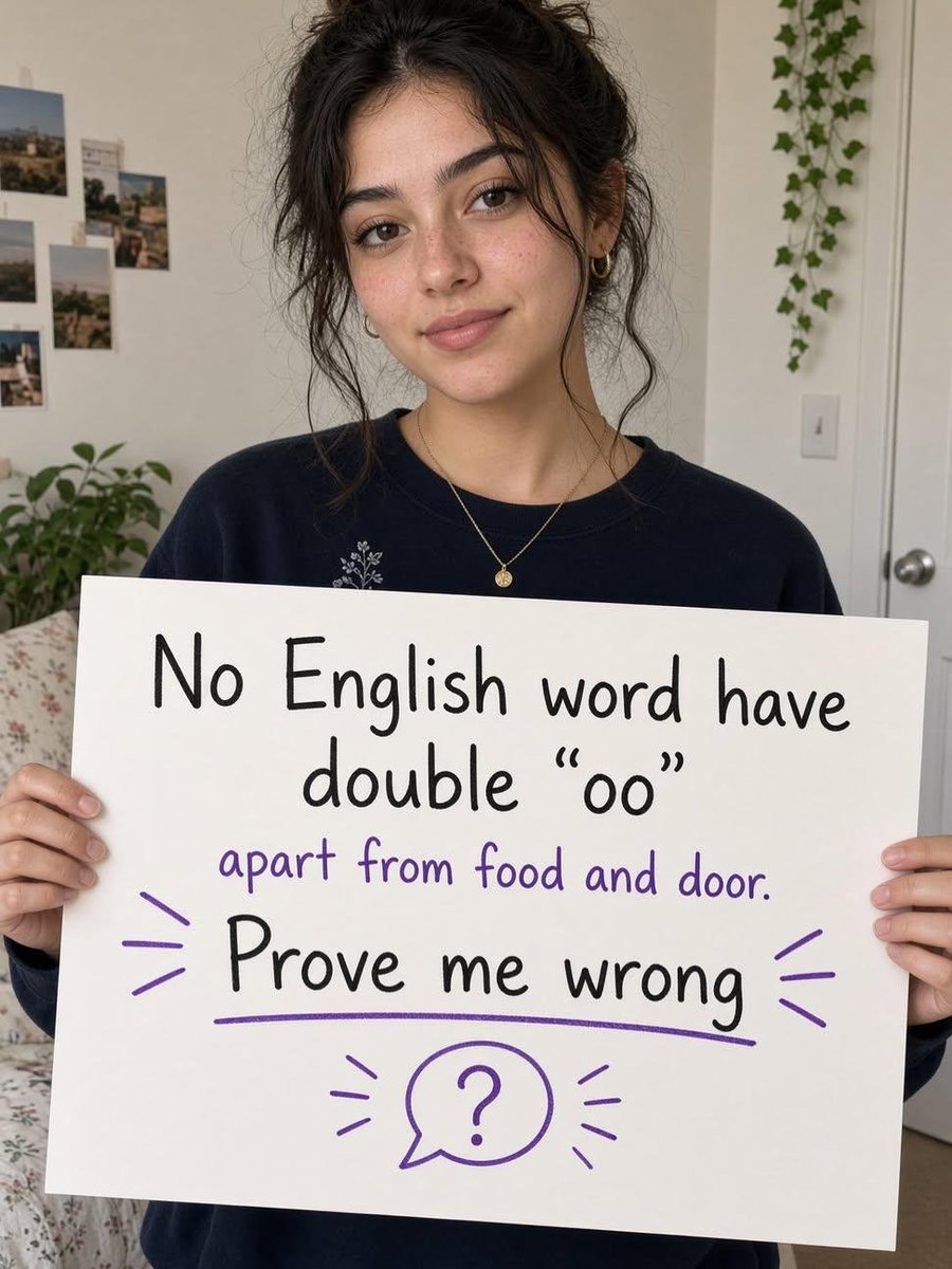 madisonclaccy9's tweet photo. No English word have double “oo” apart from food and door. Prove me wrong https://t.co/fVVLJzH46v