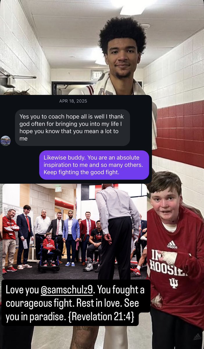 ClifMarshall's tweet photo. Coach Mike Woodson made Sam Schulz a part of our Indiana Basketball family for 4 years. Sam fought a courageous fight and inspired our team by his testimony. May he rest in love. {Revelation 21:4} https://t.co/ClDd7smueC