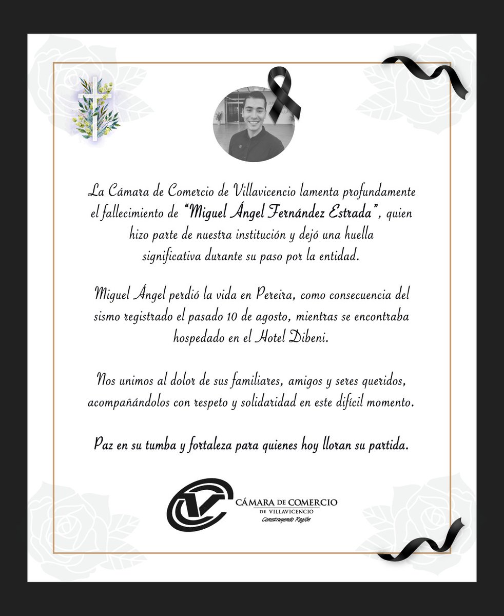 CCVillavicencio's tweet photo. 🕊️ Lamentamos profundamente el fallecimiento de Miguel Ángel Fernández Estrada, quien hizo parte de nuestra institución en 2020.

Nos unimos al dolor de sus familiares, amigos y seres queridos, expresándoles nuestra solidaridad y fortaleza en este momento.

Paz en su memoria. 🕊️ https://t.co/ZjNXt9PlDR