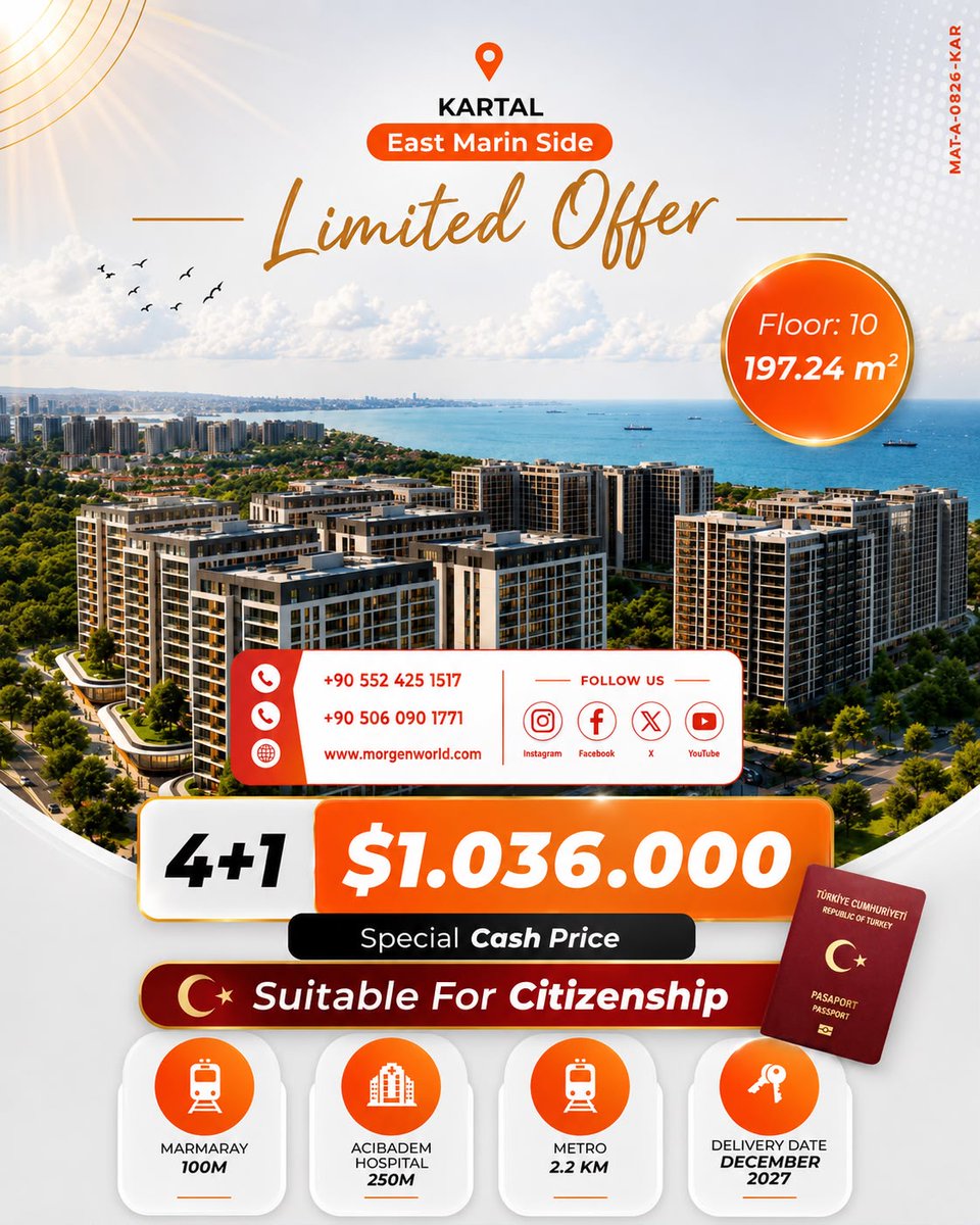 MorgenWorld's tweet photo. Limited Offer in Kartal, East Marina Side.
A spacious 4+1 residence of 197.24 m², offered at a special cash price of $1,036,000 and suitable for Turkish citizenship.
📩 Contact MORGEN World:
🌐 https://t.co/p22i72WwyE
📞 +90 552 425 1517 
 +90 506 090 1771 https://t.co/BiNt4zxhxv