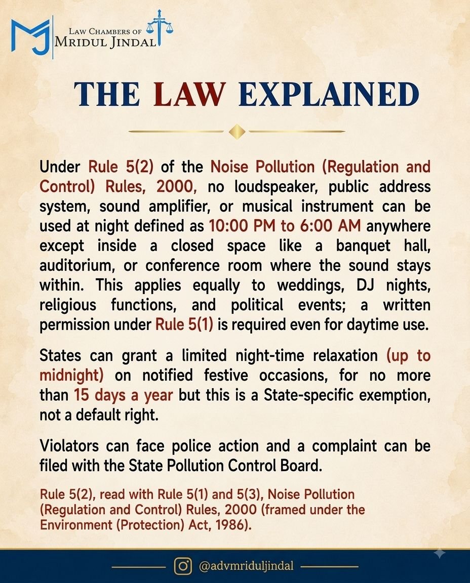 mriduljindal97's tweet photo. 🔊⚖️ Did You Know?

No loudspeakers, DJs or musical instruments in open/public spaces between 10 PM–6 AM.

📌 Noise Pollution Rules, 2000

#LegalAwareness #NoisePollution #IndianLaw https://t.co/zZRwGn0Bt6