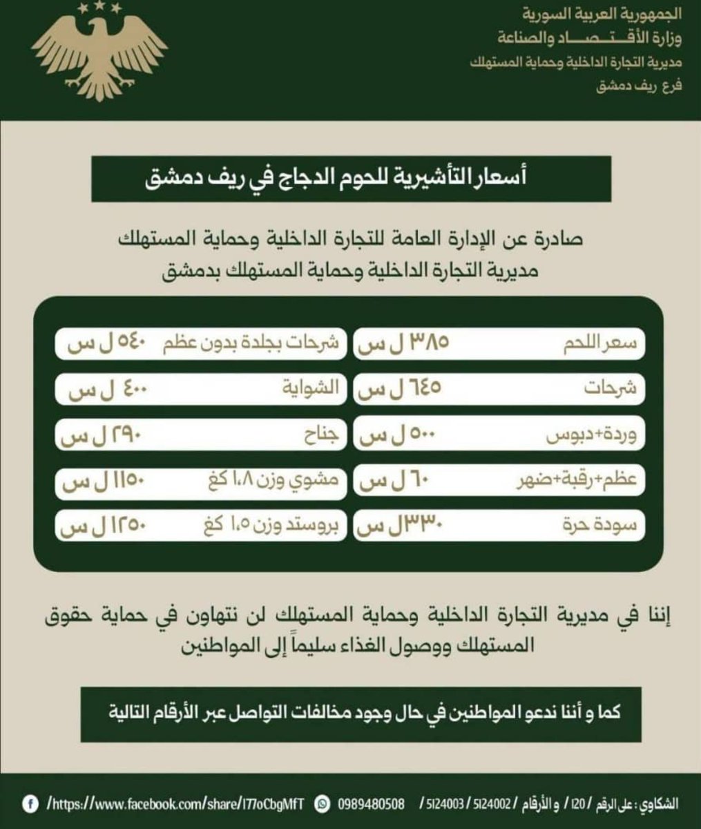 al_bwd68424's tweet photo. 📌 الأسعار التأشيرية للفروج في ريف دمشق

تعرفوا على الأسعار المعتمدة للفروج ومشتقاته، وفق النشرة الصادرة عن مديرية التجارة الداخلية وحماية المستهلك بريف دمشق.

#الجمهورية_العربية_السورية
#وزارة_الاقتصاد_والصناعة
#ريف_دمشق https://t.co/8WVwtSHJHM