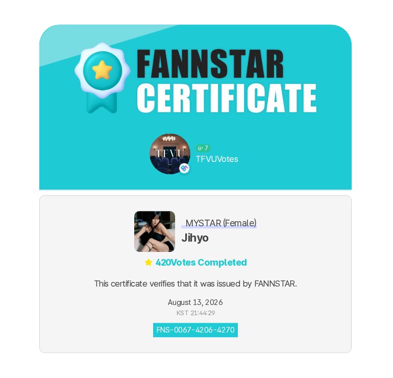 TFVUnion's tweet photo. TMA MYSTAR FEMALE CATEGORY “JIHYO” 🏆

ONCE, don’t forget to cast your max 3000 star vts and max 40 ads/day/acct until 11:59PM KST. 

⏰voting ends: 08.17.26 12PM KST
📝App Tutorial: https://t.co/A8BGDTZDC9
🗳️Voting Page:  https://t.co/upwveKWsE3
#JIHYO #TWICE https://t.co/RYj5PIMLCU