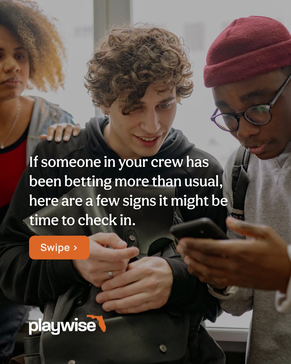 PlaywiseRg's tweet photo. What’s one way you look out for your crew during football season? 🏈

If you notice a friend betting more than usual or seeming more stressed about the outcome of a game, it might be worth checking in.

#ResponsibleGambling #GamblingAwareness #FloridaStudents https://t.co/rsgQnaZi2u