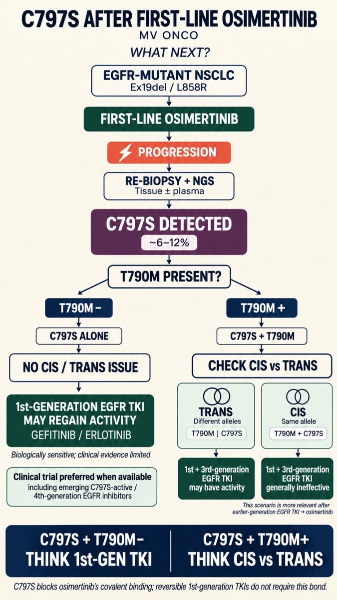 ChandrakanthMv's tweet photo. C797S after first-line osimertinib — one distinction matters.

🔹 C797S + T790M− → no cis/trans question; reversible 1st-gen EGFR TKIs may regain activity, although clinical evidence remains limited.

🔹 C797S + T790M+ → now cis vs trans matters.

A simple way to remember an increasingly complex resistance mechanism. 🧬

#LungCancer #NSCLC #EGFR #Osimertinib #Oncology