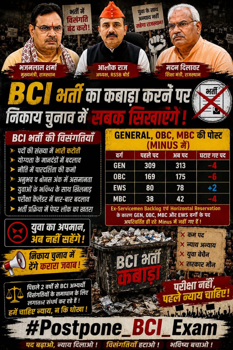 RahulJakhar7777's tweet photo. सरकार यह न भूले कि मुकाबला IT Professionals से है!
अगर इन लाखों युवाओं ने अपनी सोशल मीडिया पावर दिखा दी, तो आगामी चुनावों में सत्ता का समीकरण बिगड़ते देर नहीं लगेगी।
हमारी सीधी मांग है: विसंगतियां सुधारो, पद बढ़ाओ, और 23 अगस्त की परीक्षा स्थगित करो!
#Postpone_BCI_Exam https://t.co/gw6Tpcf7wr