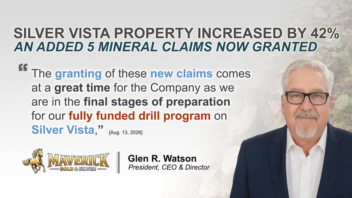 MavGoldSilver's tweet photo. "The granting of these new claims comes at a great time for the Company as we are in the final stages of preparation for our fully funded drill program on Silver Vista."

 - Glen Watson, President and CEO  [Aug. 13, 2026]

👉 https://t.co/VsbVRLd6qG

$MAV $VRCFF #Silver #PreciousMetals #NewsRelease
