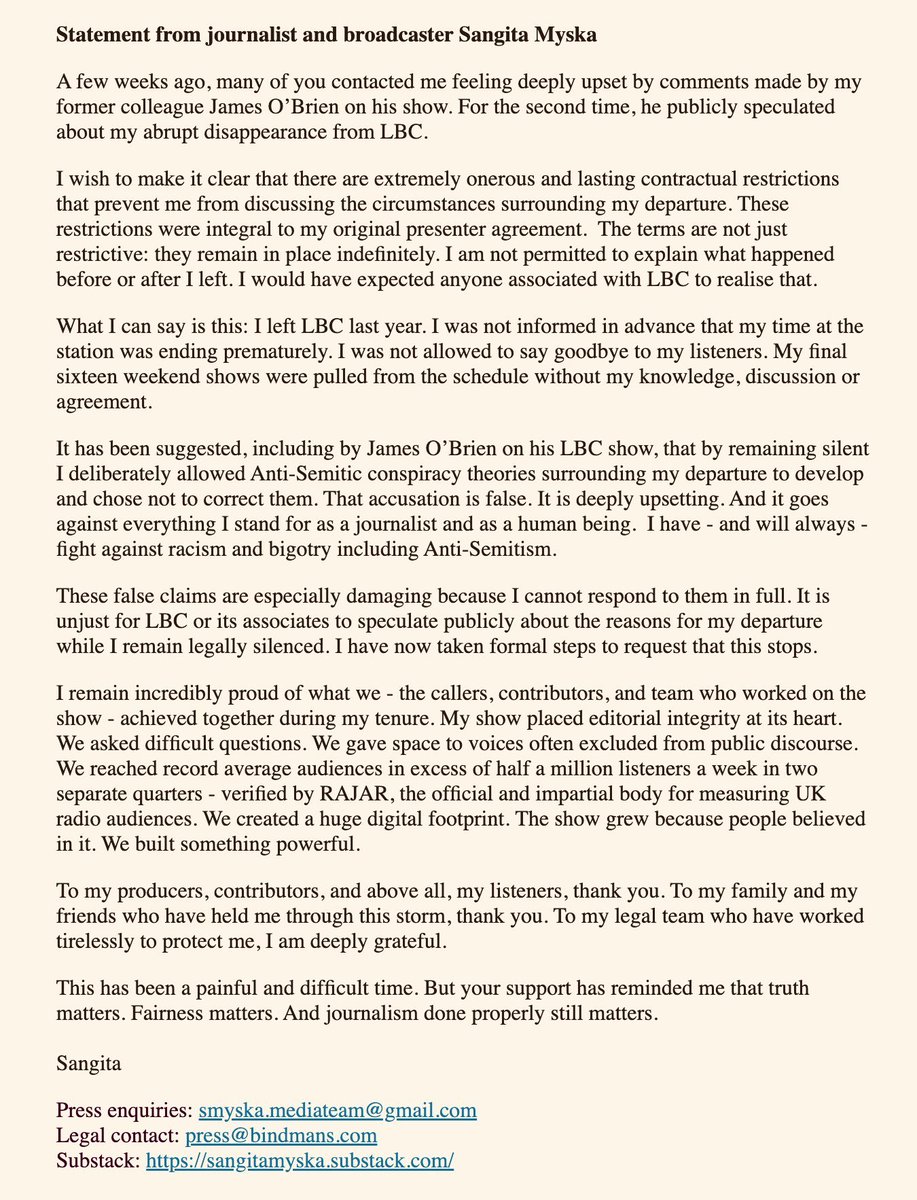 dontbrexitfixit's tweet photo. Deeply disappointing to read this heartfelt statement from the wonderful Sangita @SangitaMyska concerning her unfair dismissal from @LBC and the equally unfair comments made by some of her former colleagues. One can only lead conversation if one is able to question and challenge https://t.co/qAeGwEEYvN
