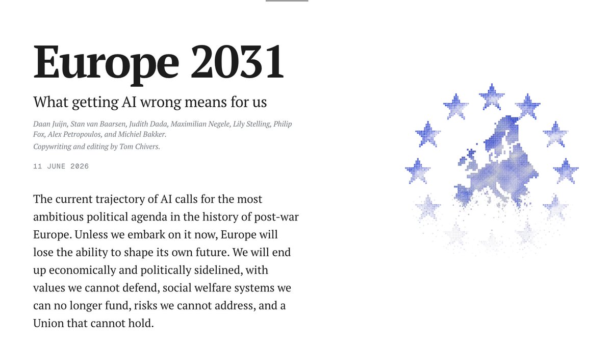 drjuliashaw's tweet photo. What happens to Europe if there is insufficient action on AI development &amp; governance? 

This story-based scenario is a compelling call for faster action at scale to protect European investments, values, &amp; security. https://t.co/tFrqtVFN8X

Thanks @chloetouzet for mentioning it https://t.co/C2gEBTcXd5