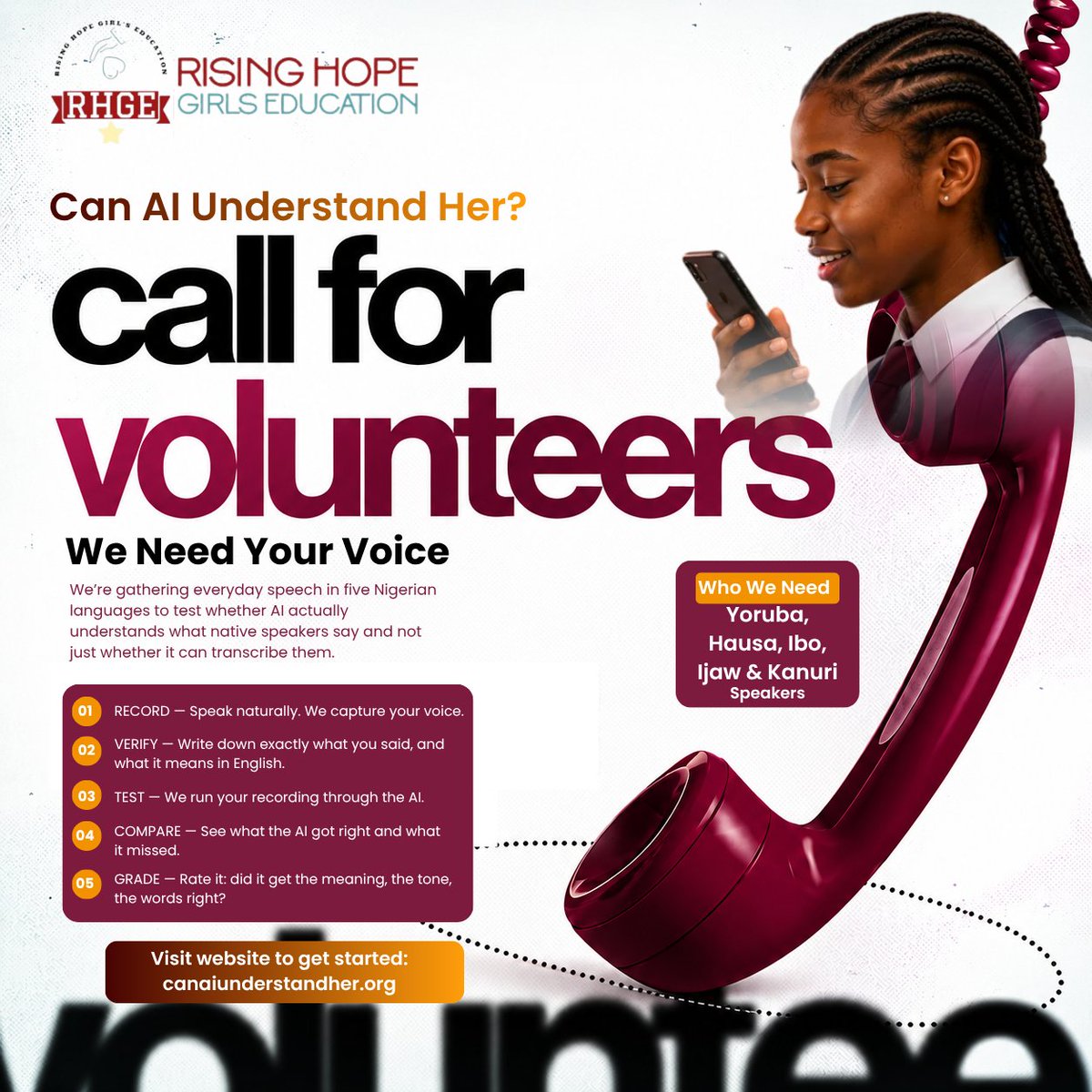 RisingHopeGirls's tweet photo. Does AI actually understand Yoruba, Hausa, Igbo, Ijaw or Kanuri or just transcribe it? We're finding out, with native speakers judging the results.

Speak one of these languages? We need your voice.
To get started, Visit https://t.co/rxYc1L8TrO
Link in bio

#CanAIUnderstandHer https://t.co/GmNslZLj1A