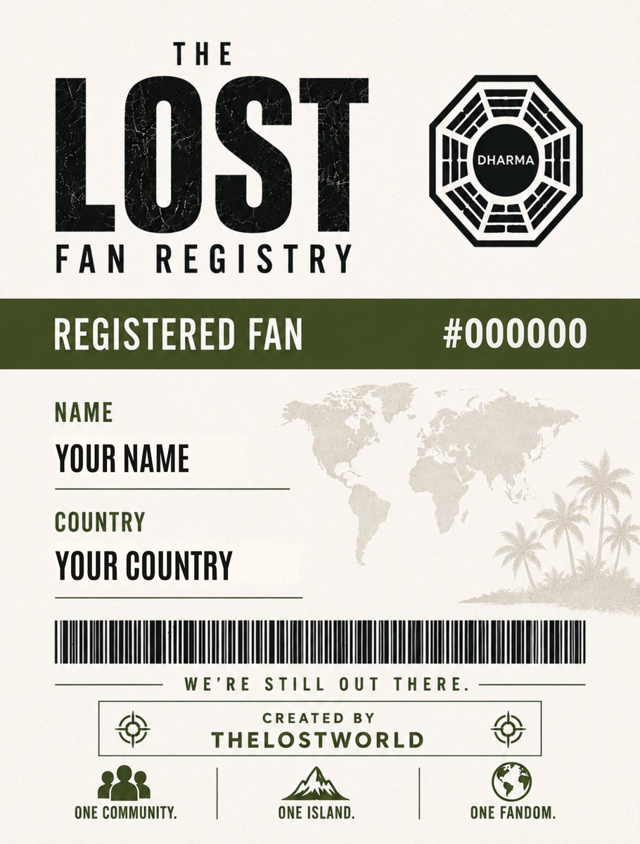 TheLOSTworld_'s tweet photo. 𝐃𝐎 𝐘𝐎𝐔 𝐀𝐋𝐑𝐄𝐀𝐃𝐘 𝐇𝐀𝐕𝐄 𝐘𝐎𝐔𝐑 𝐑𝐄𝐆𝐈𝐒𝐓𝐑𝐘 𝐍𝐔𝐌𝐁𝐄𝐑?

Then you can now get your THE LOST FAN REGISTRY CARD.

Want yours? It’s easy:

1️⃣ Quote this post with your REGISTRY NUMBER.
2️⃣ We’ll reply with your personalized Registry card.

Your number. Your card. Your place in the Registry.

One community. One island. One fandom.

We’re still out there.