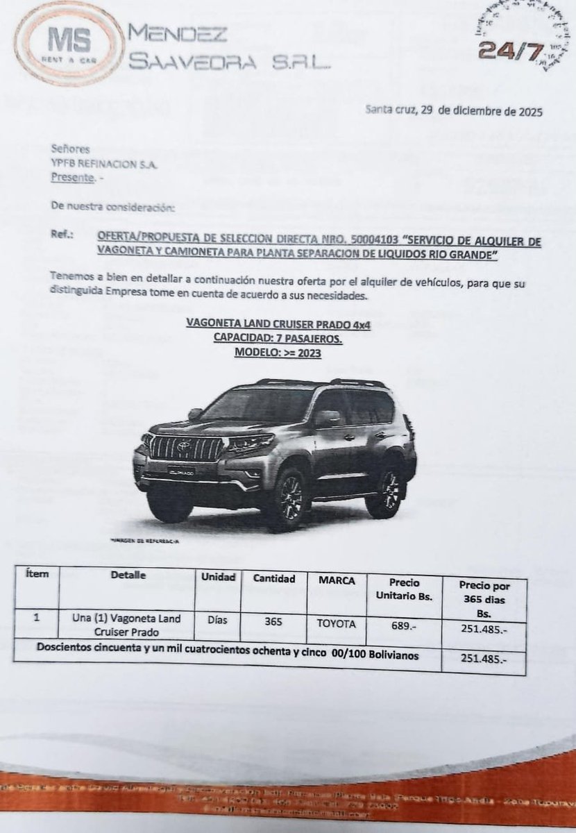 DerechaBolivia's tweet photo. DENUNCIA PUBLICA: 
Contrato de YPFB Refinación pone bajo la lupa alquiler de una vagoneta por Bs 251.485 al año
Documentos atribuidos a un proceso de contratación de YPFB Refinación revelan el alquiler, por 365 días, de una Toyota Land Cruiser Prado por Bs 689 diarios. https://t.co/9U0uhFINyN