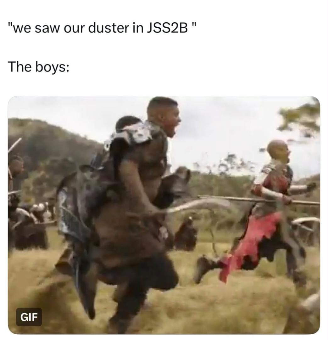 thatmedguyy's tweet photo. Some of una dey form hard guy now.
Omo, calm down.
I still remember when "Dem see our duster for JSS2B" was enough reason for war. 😭💀🔥 https://t.co/V7q7b5GFYH