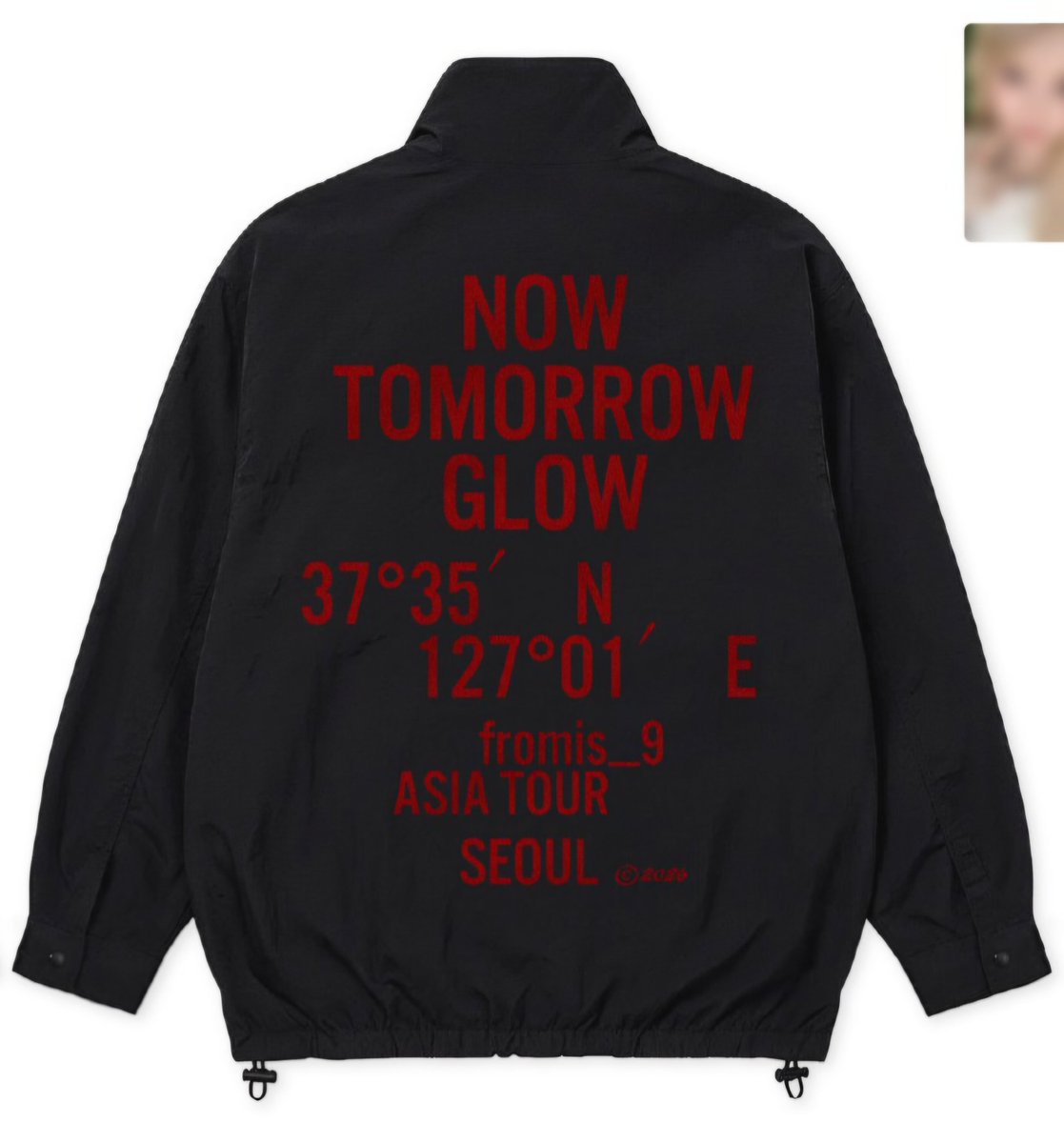 fromisbase's tweet photo. The coordinates on the back of fromis_9's windbreaker matches the location of their Seoul concert venue (Hwajung Tiger Dome). https://t.co/blV6CALGuI