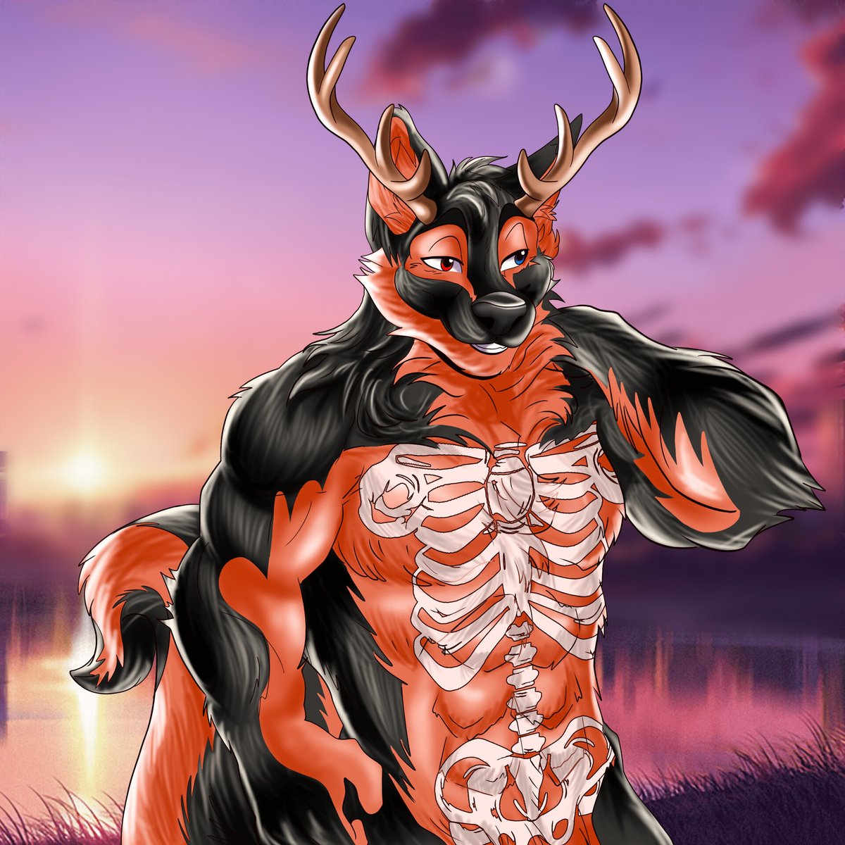 Alivia_vt's tweet photo. The muscular anthro design with the bold black-and red coloration those impressive antlers, the heterochromia red and blue eyes and especially the detailed skeletal pattern showing through the fur on the torso all give it a really cool intense presence
how many of like this 3d https://t.co/i5Jk3cjmRK
