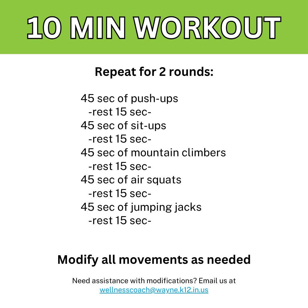 WayneWellness's tweet photo. 💪10 minutes. Zero equipment. 
🔥A quick full-body burn you can do anywhere, anytime.
⏱️Save this one for the next time you need a workout that’s short on time but not on effort! #bewaynewell #workoutofthemonth @WayneTwpSchools https://t.co/0qpNV6flvz