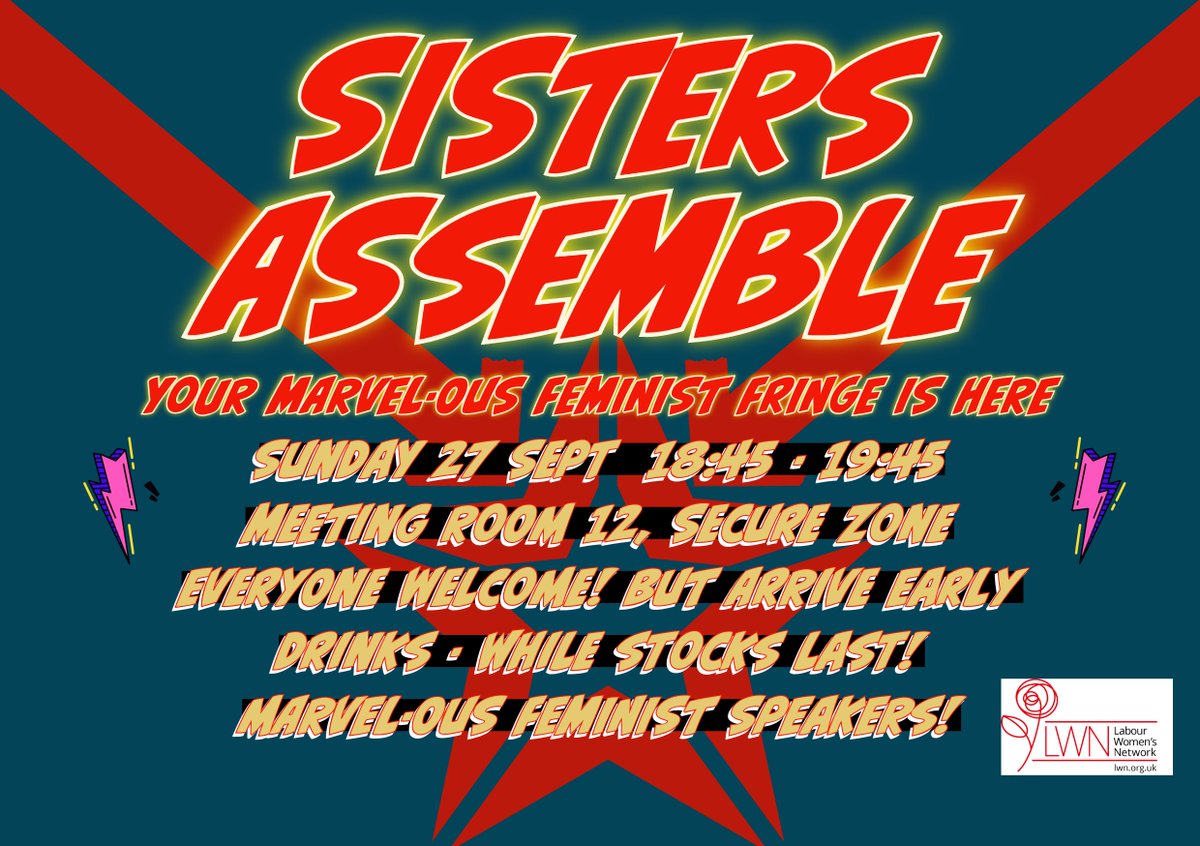 LabourWomensNet's tweet photo. ⚡Sisters Assemble! Your feminist fringe at #Lab26 is here!
LWN's flagship feminist fringe is back and as fearless, feminist, and fabulous as ever.
Everyone is welcome - you don’t want to miss this!
https://t.co/9uJMK3vJHz https://t.co/pDPqYm4A12
