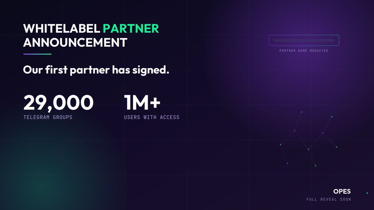RoaiScalper's tweet photo. WHITELABEL PARTNER ANNOUNCEMENT:

We've signed our first whitelabel partner.
29,000 Telegram groups. Over a MILLION users will have access to what we've built!

This is the scale we're building Opes for.

Full reveal coming soon.

^RX https://t.co/Vv8PzJr5MZ
