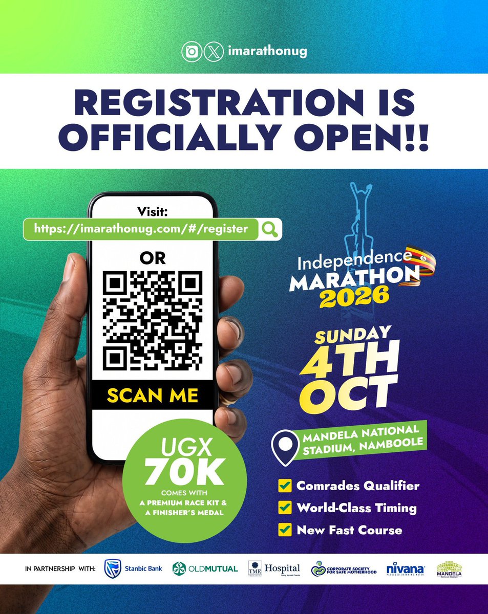imarathonug's tweet photo. πΊπ¬ UGANDA, LETβS RUNπ₯³
The #IndependenceMarathon2026 is so on
π
Sunday, 4th October
π Mandela National Stadium, Namboole
ππΎ 42KM | 21KM | 10KM | 5KM
π° UGX 70K
Run with a purpose π#SaveAMother β€οΈ
Register via https://t.co/xsausgkYh4
#RunUganda #iMarathon26 https://t.co/hZn2qgzRmV