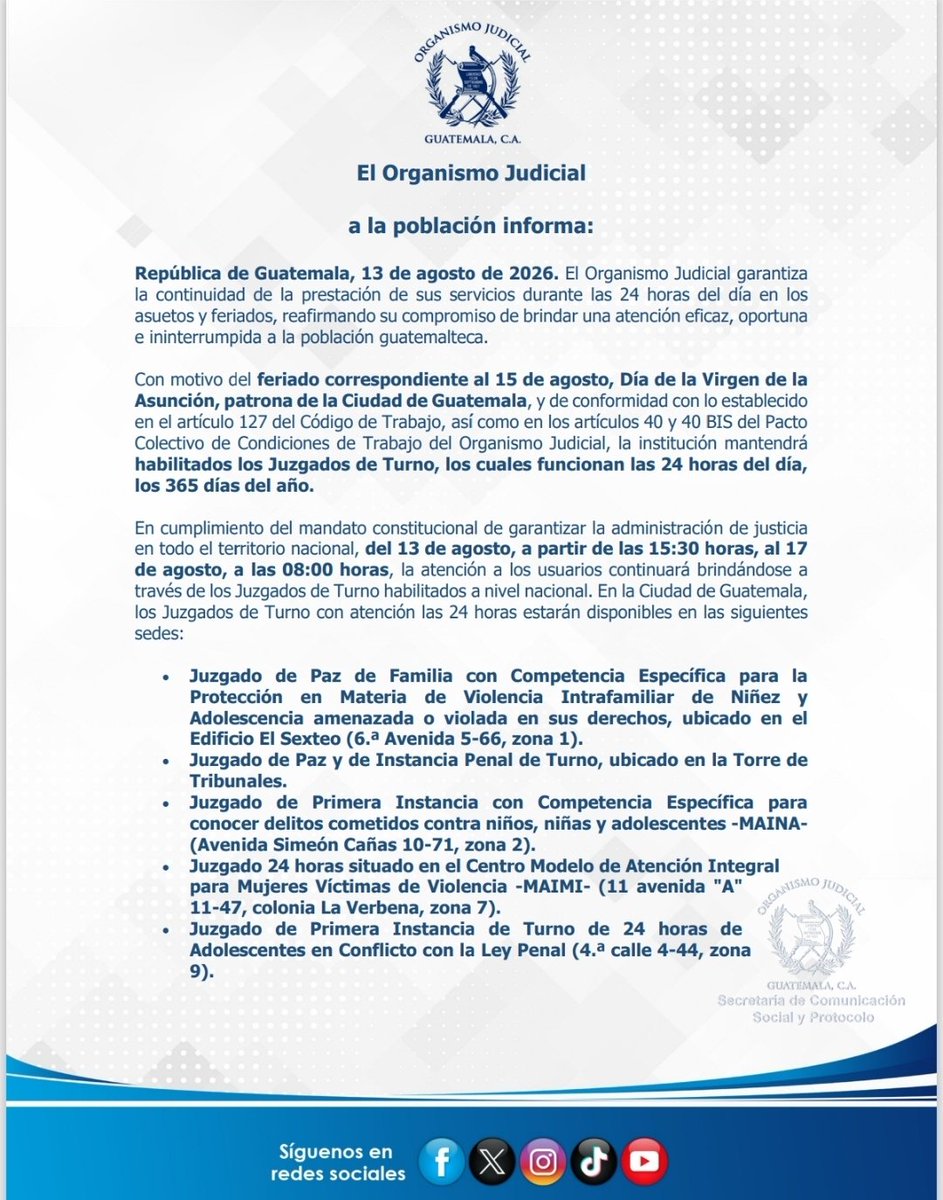 OJGuatemala's tweet photo. El Organismo Judicial a la población informa:

#OJ #CSJ #OJInforma https://t.co/tLDCsPvzxN