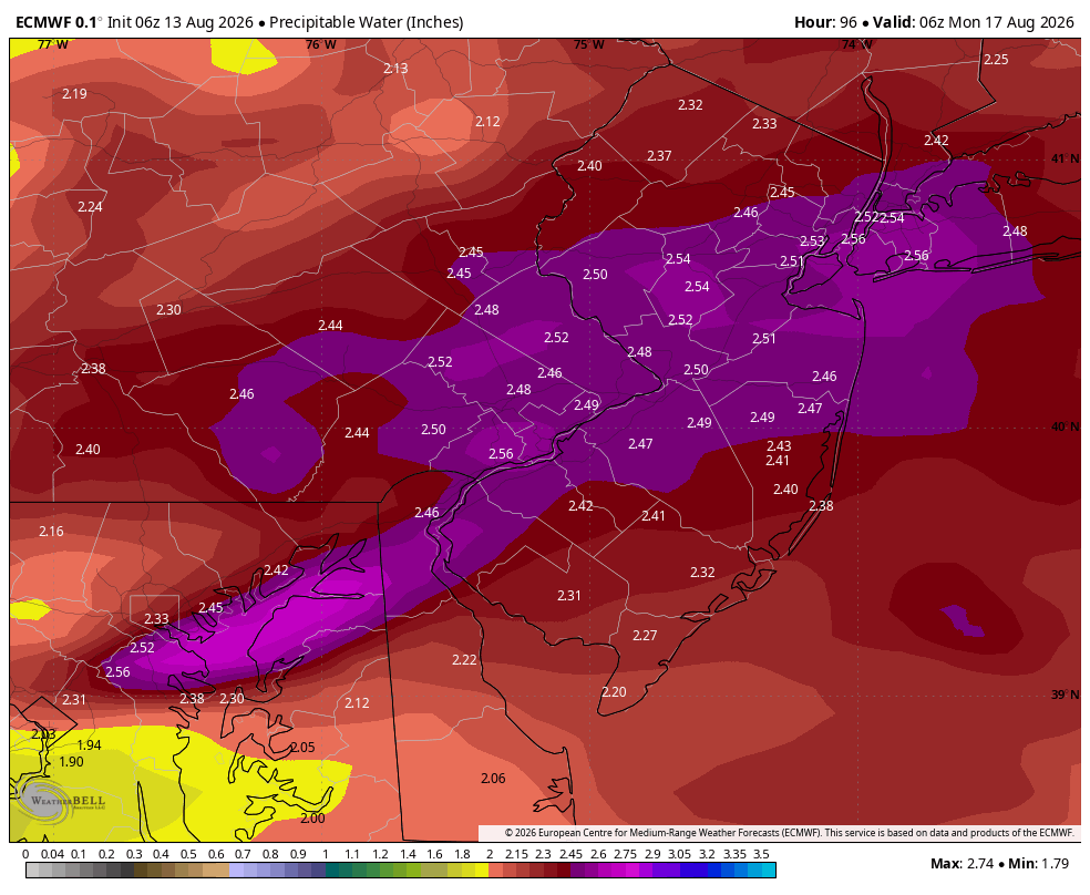 montcopa11's tweet photo. as well as the severe risk for sunday, the flooding risk may be higher. this time it looks to be on the higher end, with PWAT values of 2.4+, which is very high for our area. obviously will need to see how this progresses but could be a high impact flooding day https://t.co/uYtnLaqXXD