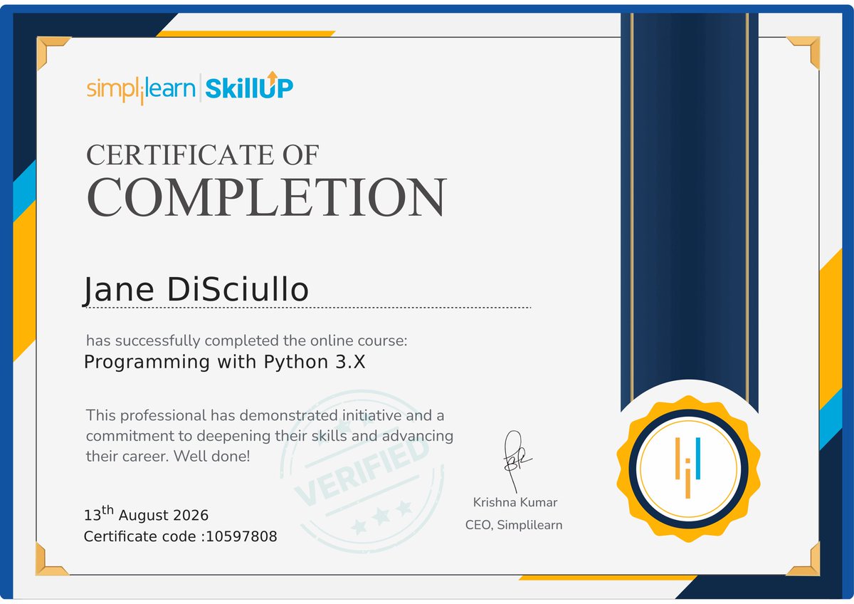 JaneDisciullo's tweet photo. https://t.co/K8BZHtOM2H
Excited to share I completed Programming with Python 3.X from #SkillUp by #Simplilearn! 🎓 Great experience &amp; valuable insights. #Upskilling #Certification #JobReady #SkillUpBySimplilearn https://t.co/oOvwKWpjPl