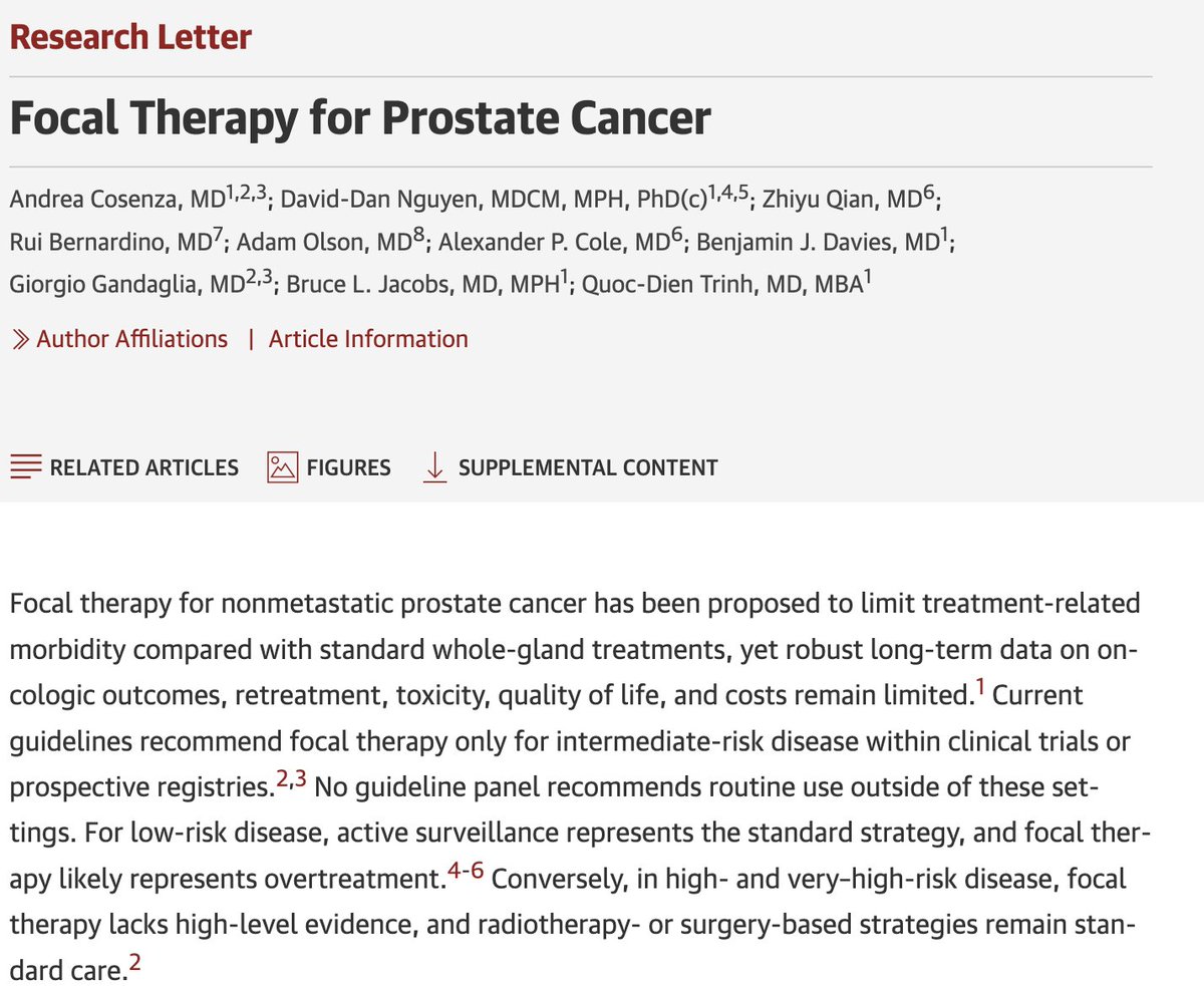 Adam_Weiner535's tweet photo. 🚨 Half of focal therapy for #ProstateCancer in the US is happening where no guideline supports it 🚨

@JAMA_current research letter

👥 1,179,384 pts w/ nonmetastatic PCa, NCDB 2010 to 2023

📊 15,672 (1.3%) got focal therapy

⚠️ 51% was in low, high, or very high risk disease. 
-No guideline supports routine use in ANY risk group outside trials or registries
⚠️ Low risk held flat (1.8% to 2.2%) and favorable intermediate is rising (2.1% to 2.9%) while marketing and&reimbursement expand
⚠️ Focal therapy more likely w/ age ≥75 (adjusted probability 22.9%), community centers (7.6% vs 2.5% academic), nonprivate insurance

✒️From the accompanying editorial
"Volume of this kind shows diffusion, not benefit."

🎯 Key points
1⃣In low risk this converts surveillance candidates into procedure pts
2⃣In high risk it is undertreatment. 
3⃣Repeated use is building "an aura of legitimacy the data have not earned." We owe pts trials, not marketing.

🔗 Study: https://t.co/xbxCAXPfWE
🔗 Editorial: https://t.co/Nb0yjFHhSx

@QDTrinh @DrSpratticus @AmerUrological @UroOnc @SUO_YUO @urotoday @UrologyTimes @PCF_Science @PCFnews