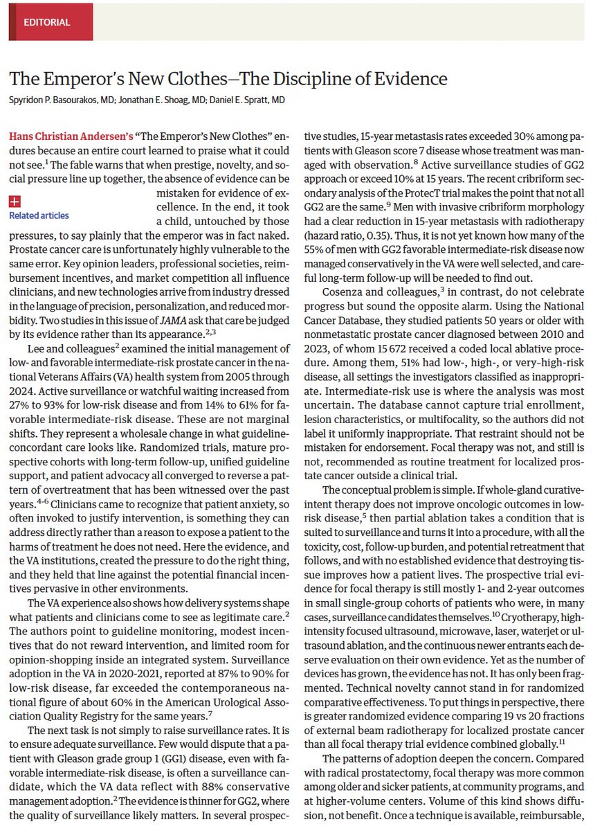 Adam_Weiner535's tweet photo. 🚨 Half of focal therapy for #ProstateCancer in the US is happening where no guideline supports it 🚨

@JAMA_current research letter

👥 1,179,384 pts w/ nonmetastatic PCa, NCDB 2010 to 2023

📊 15,672 (1.3%) got focal therapy

⚠️ 51% was in low, high, or very high risk disease. 
-No guideline supports routine use in ANY risk group outside trials or registries
⚠️ Low risk held flat (1.8% to 2.2%) and favorable intermediate is rising (2.1% to 2.9%) while marketing and&reimbursement expand
⚠️ Focal therapy more likely w/ age ≥75 (adjusted probability 22.9%), community centers (7.6% vs 2.5% academic), nonprivate insurance

✒️From the accompanying editorial
"Volume of this kind shows diffusion, not benefit."

🎯 Key points
1⃣In low risk this converts surveillance candidates into procedure pts
2⃣In high risk it is undertreatment. 
3⃣Repeated use is building "an aura of legitimacy the data have not earned." We owe pts trials, not marketing.

🔗 Study: https://t.co/xbxCAXPfWE
🔗 Editorial: https://t.co/Nb0yjFHhSx

@QDTrinh @DrSpratticus @AmerUrological @UroOnc @SUO_YUO @urotoday @UrologyTimes @PCF_Science @PCFnews