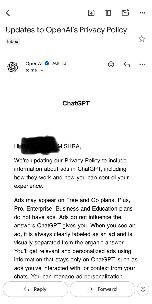 rd_x_xx's tweet photo. Ultra-short version (easily under 280 chars):
ChatGPT now serves ads on free plans 🤡 OpenAI collected all your chats for “safe AI”… now they’re monetizing them with personalized ads while still charging $20+ for no ads. You got played. #ChatGPTAds #OpenAIGreed https://t.co/b8GnrrI4V1
