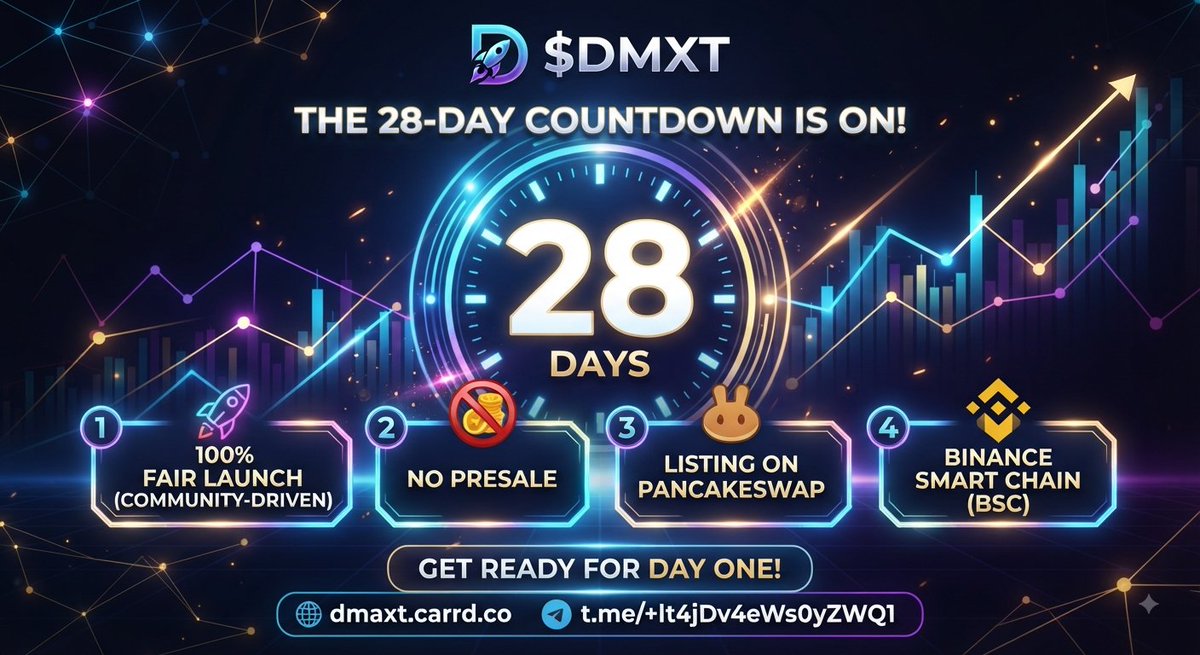 DmaxtOfficial's tweet photo. 🔥 THE 28-DAY COUNTDOWN IS ON! 🚀

We are exactly 28 days away from the 100% Fair Launch of $DMXT on PancakeSwap (BSC)! 💎

No Presale | Pure Community Power | Don't Miss Out!
Join us now:🌐 Website: https://t.co/rDS7dyggXx💬 Telegram: https://t.co/tEGk0HEzf6
#DMXT #BSC #Fair https://t.co/gHvoqrjjNH