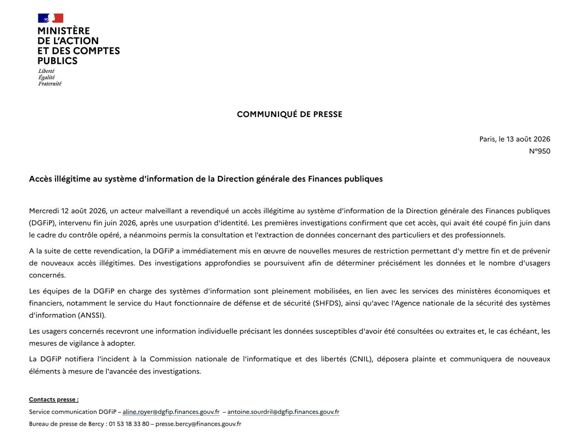 TagadoBTC's tweet photo. 🟡 L'Etat confirme que le site de la DGFiP (les impôts) a été piraté 🤡

Un hacker a extrait 678 438 dossiers fiscaux comportant des noms, adresses, téléphones, e-mails, revenus, taux d’imposition… Parmi ces données, c'est notamment 386 personnes qui possèdent plus d'un 1 million d'euros de revenus et dont l'identité peut donc être divulguée à tout moment 😬

Ce qui est inquiétant pour la crypto, c'est qu'on nous impose toujours plus de KYC, de traçabilité et de déclarations avec MiCA.

Mais une attaque comme celle-ci représente un préjudice non négligeable pour l'ensemble de la communauté puisque cette fuite peut faire de nous une cible parfaite pour du phishing, chantage, usurpation… voire même des attaques physiques pour les plus gros patrimoines !

On nous oblige à être transparent mais ils sont incapables de protéger nos données ! 😡