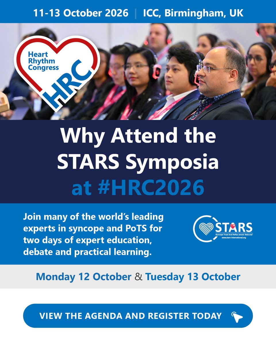 BlackoutsTrust's tweet photo. Join the world's leading experts in syncope and PoTS at the STARS Symposia at @heartrhythmcong: https://t.co/byEwR1vMX2

#HeartRhythmCongress #HRC2026 #syncope #Electrophysiology #PoTS #MedEd https://t.co/e8wzc7SXCE