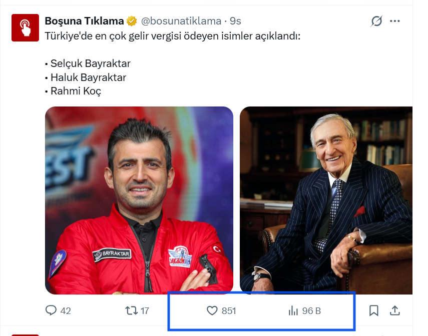 medyamuhtari's tweet photo. Algı ve PR. böyle yapılıyor..

Türkiye'nin üst üste 5 yıldır vergi rekortmeni olarak birincisi Selçuk Bayraktar, 850 fav 96 bin görüntülenme.

Türkiye'nin en çok vergi ödeyen 23. kişisi 4 bin beğeni 1 Milyon görüntülenme...

Birisi haber, birisi özel pr. çalışması.. https://t.co/mbM3wWZYIw