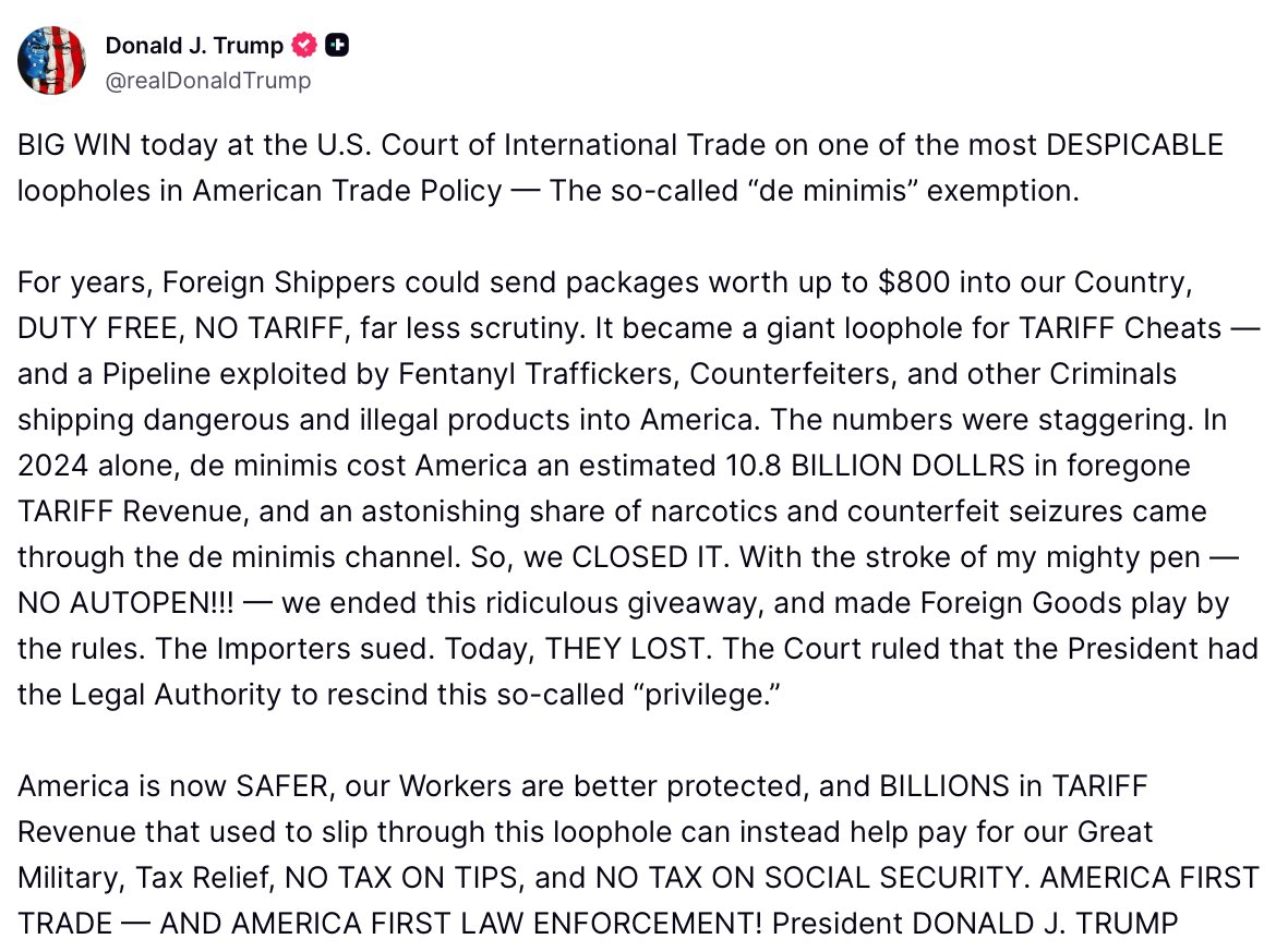 WhiteHouse's tweet photo. "For years, Foreign Shippers could send packages worth up to $800 into our Country, DUTY FREE, NO TARIFF, far less scrutiny. It became a giant loophole for TARIFF Cheats... So, we CLOSED IT." - President Donald J. Trump 🇺🇸 https://t.co/49ulsRKmNm