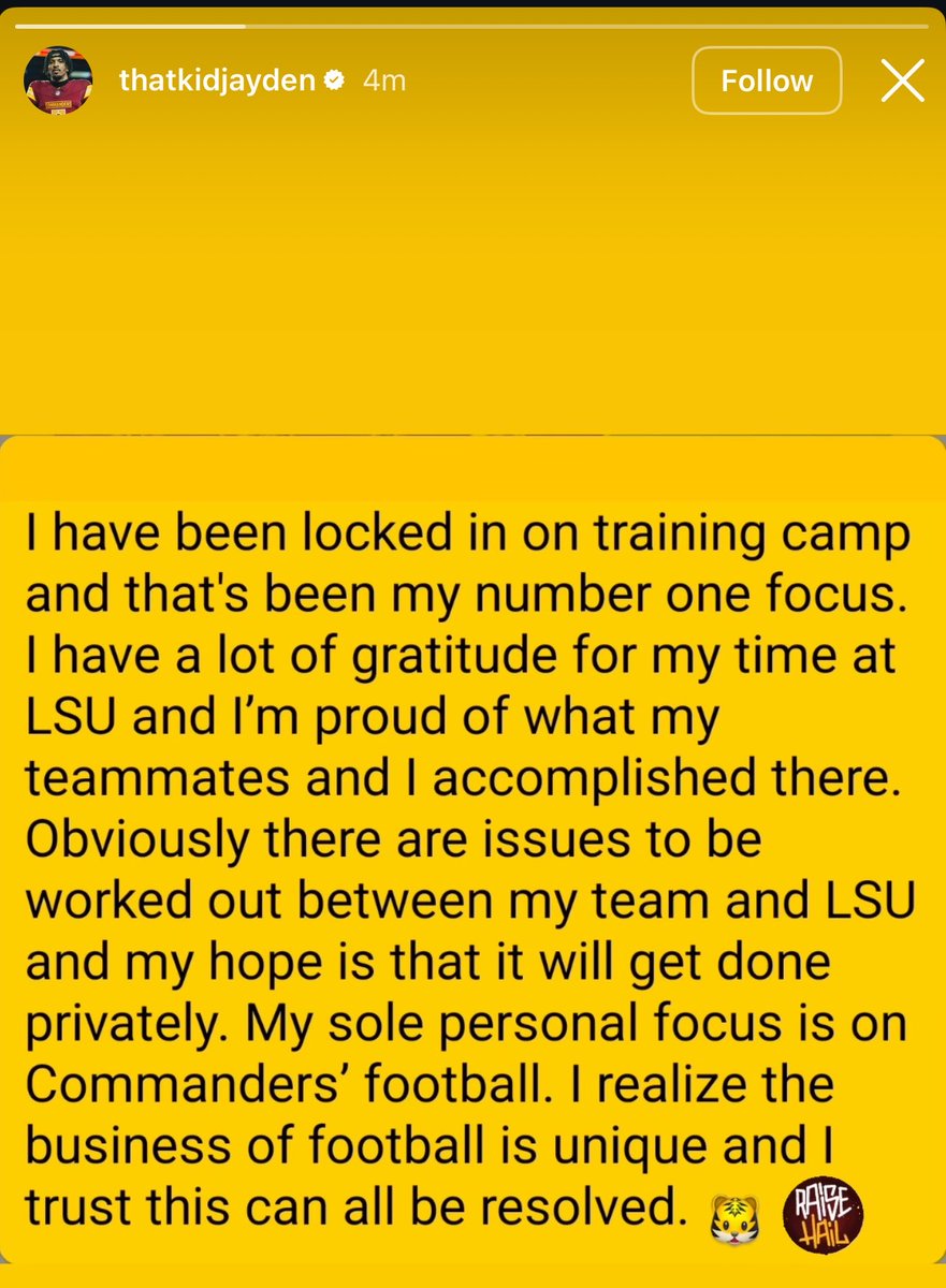 MySportsUpdate's tweet photo. Statement from #Commanders QB Jayden Daniels: https://t.co/EWS9WFMCFb