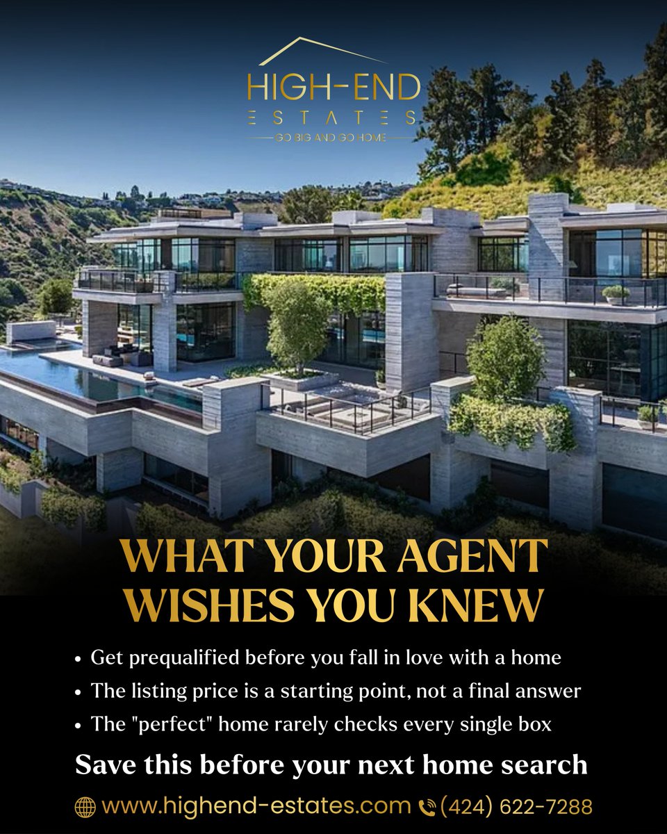 highend_estates's tweet photo. Things your agent secretly wishes you knew. 🤫 Get prequalified first. The list price is a starting point. No home checks every box. Save this for your next search. 📌

For more: @highend.estates | https://t.co/hSfTzYaHB2

#HighEndEstates #GoBigAndGoHome https://t.co/lymaglf7ZS