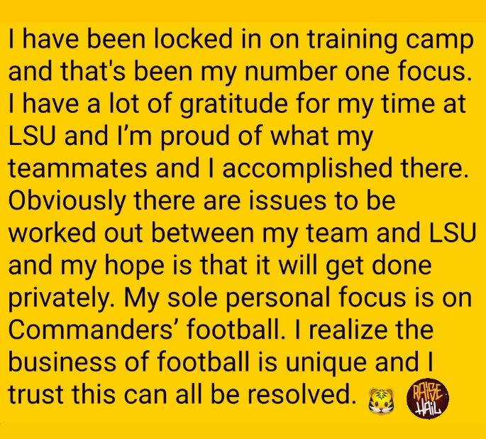 GrantPaulsen's tweet photo. Jayden Daniels' statement on his dispute with LSU, via his IG. https://t.co/7Sk3rSvDOB