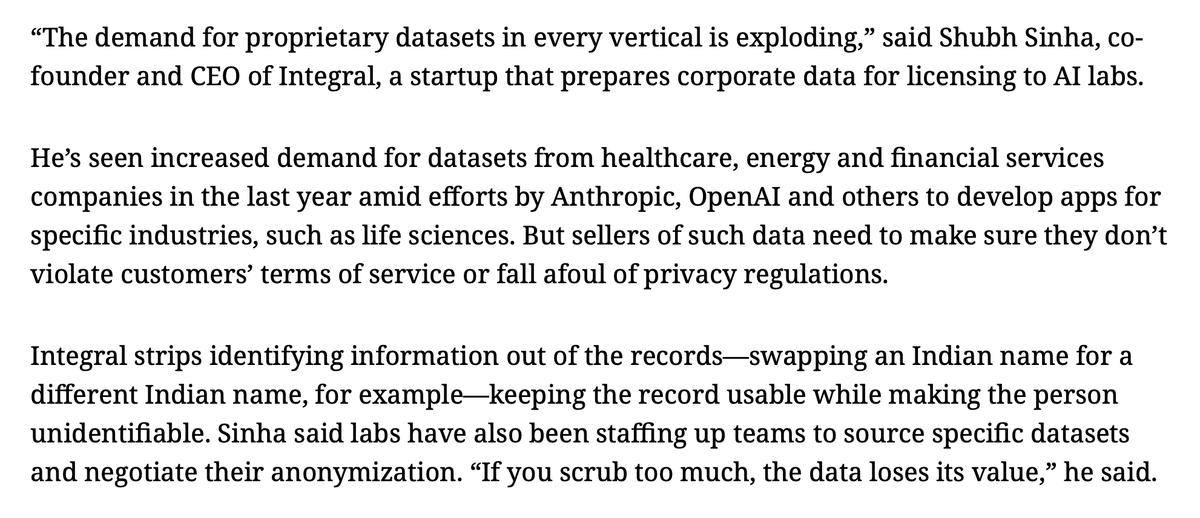 SHUBH17_'s tweet photo. It is now very public knowledge that real-world data is what the frontier labs demand.

We've seen a massive spike in demand for datasets across the world's richest industries: healthcare, energy, enterprise, and financial services.

That data is incredibly valuable, and that's exactly what makes it so hard to move. It carries real privacy obligations.

Shortcuts and sweetheart deals come at a cost: privacy loss and quality loss.

Scrub too little, and you expose people's private information. Scrub too much, and you destroy the necessary signal.

The value of proprietary data depends on getting that balance right.

Thanks to @alix_coutures for mentioning what we do at Integral.

Like the article mentions, AI labs will need real interactions between real people to progress.