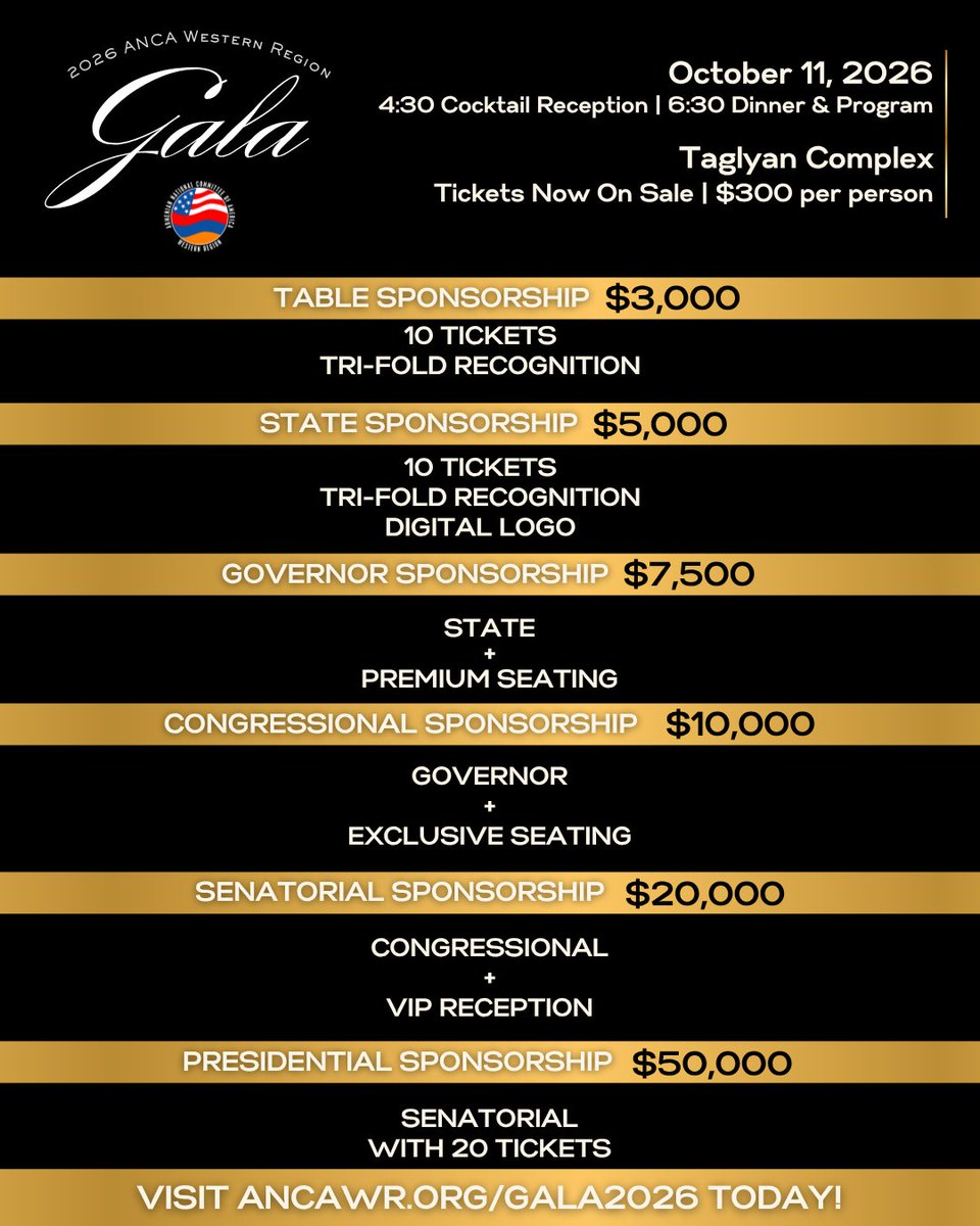 ANCA_WR's tweet photo. Excellence deserves recognition — and so does your commitment to our community. Be part of something bigger at the 2026 ANCA-WR Gala on October 11 at the Taglyan Complex. Your sponsorship fuels our advocacy work, strengthens Armenian voices in California, and creates lasting change. From table sponsors to presidential partners, every level of support makes a real difference. Join us in building a stronger future for our people. 

For sponsorship and tickets, link in bio.