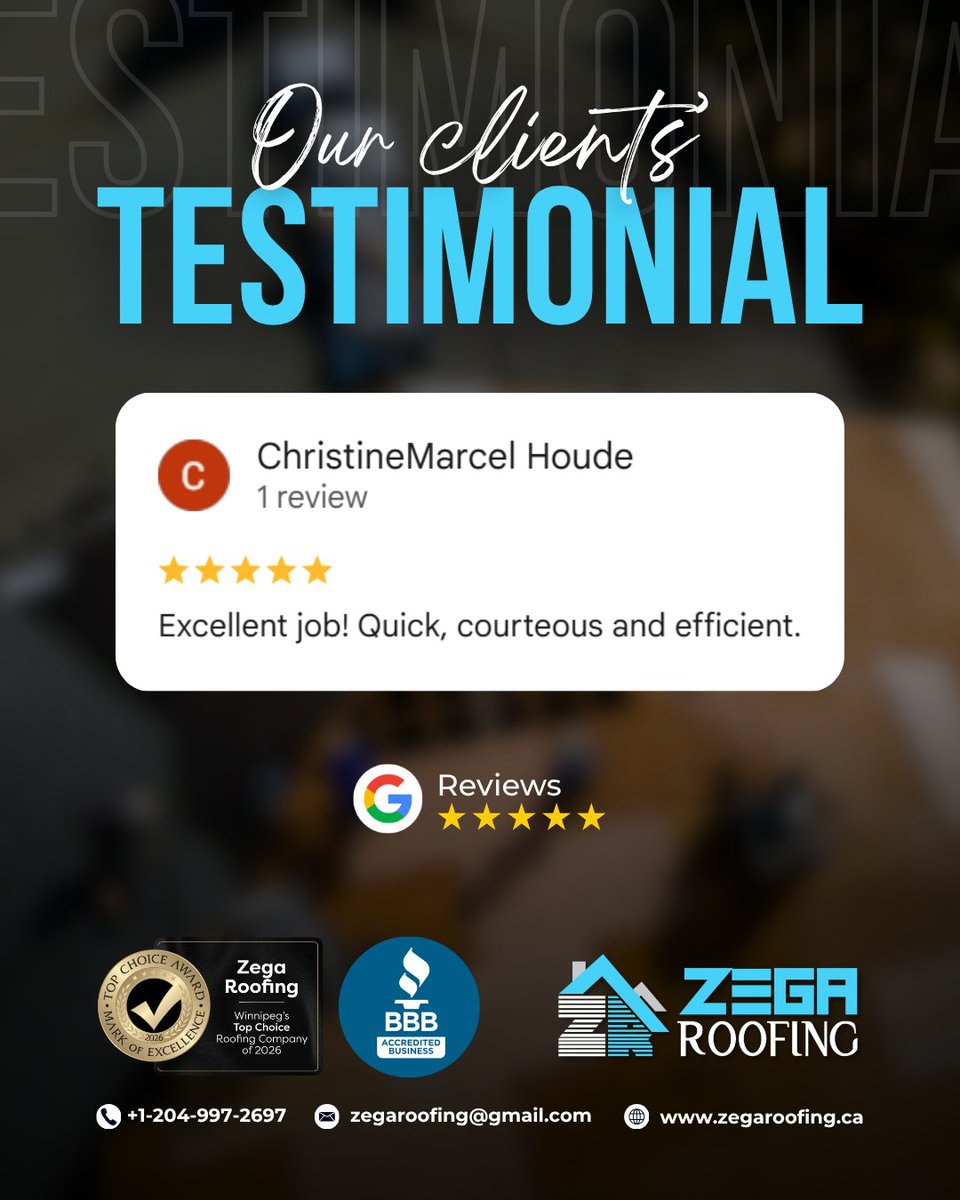 zegaroofing's tweet photo. ⭐ Another 5-star review for Zega Roofing!

“Excellent job! Quick, courteous and efficient.”

Thank you, Christine, for trusting our team. Looking for a roofing contractor in Winnipeg? Contact Zega Roofing today.

#ZegaRoofing #WinnipegRoofing https://t.co/9UjXHTAyPF