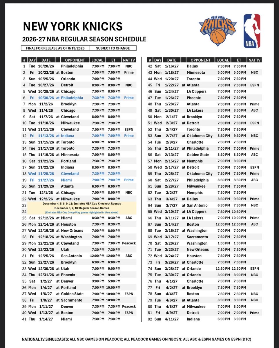 IanBegley's tweet photo. Knicks’ 2026-27 regular season schedule: https://t.co/nfxwb0rvDy