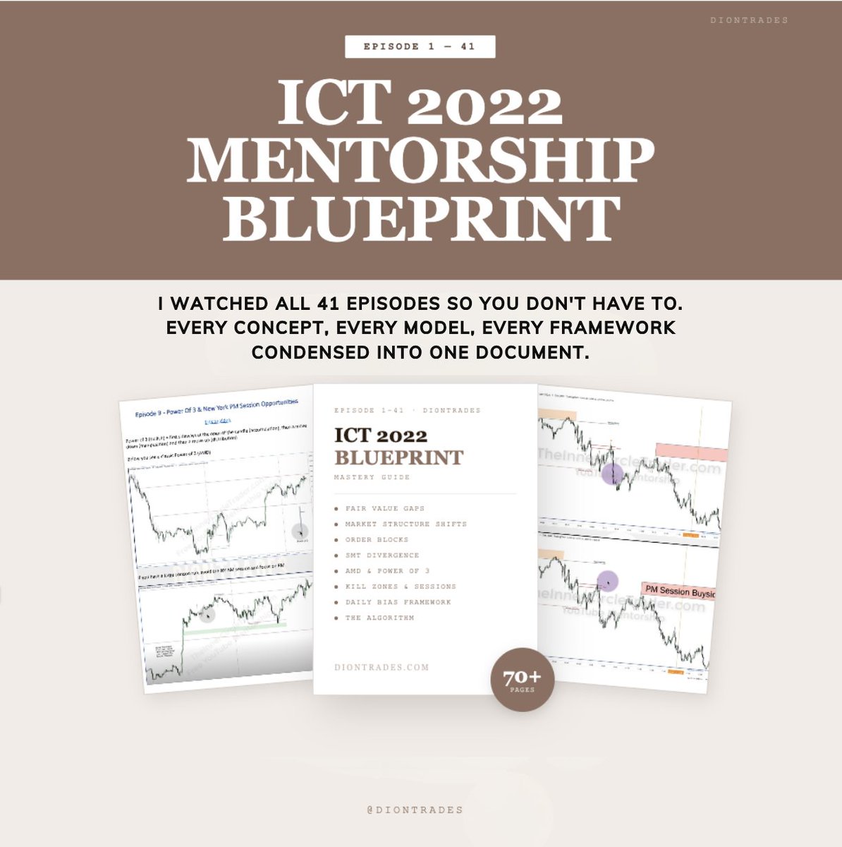 DionTrades_'s tweet photo. I wrote down every concept from the 2022 ICT mentorship.

41 episodes. Every model. Every framework. 

70+ pages of organized notes so you don't have to sit through 1,000 hours:
✅ Every entry model with annotated chart examples
✅ Market maker model, the full framework start to finish
✅ Daily bias, AMD, power of three
✅ Kill zones, when to trade and when to stay out
✅ Liquidity, order blocks, FVGs, structure shifts
✅ SMT divergence, the confirmation most traders skip
✅ The algorithm, how institutional price delivery actually works

One document. All free.

To get it:
1. Like
2. Repost
3. Comment "BLUEPRINT"

& I'll DM it to you today.

MUST be Following (so X allows me to DM you)