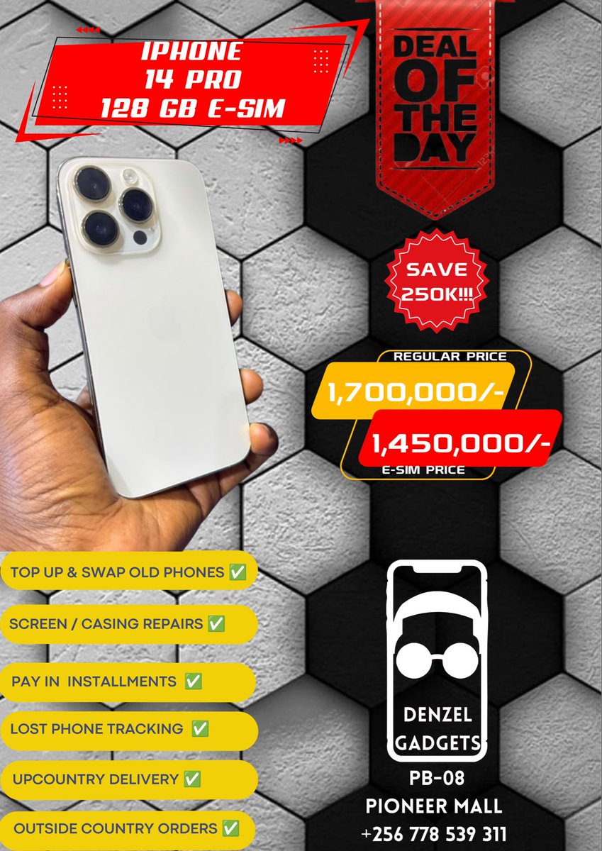 DenzelGadgets's tweet photo. Embrace eSim phones! eSIM Thursday is stacked with deals on eSIM phones. 

Check them out here - Denzel Gadgets Uganda channel on WhatsApp: https://t.co/rDrEKCOove https://t.co/Vu4BpUkjqU