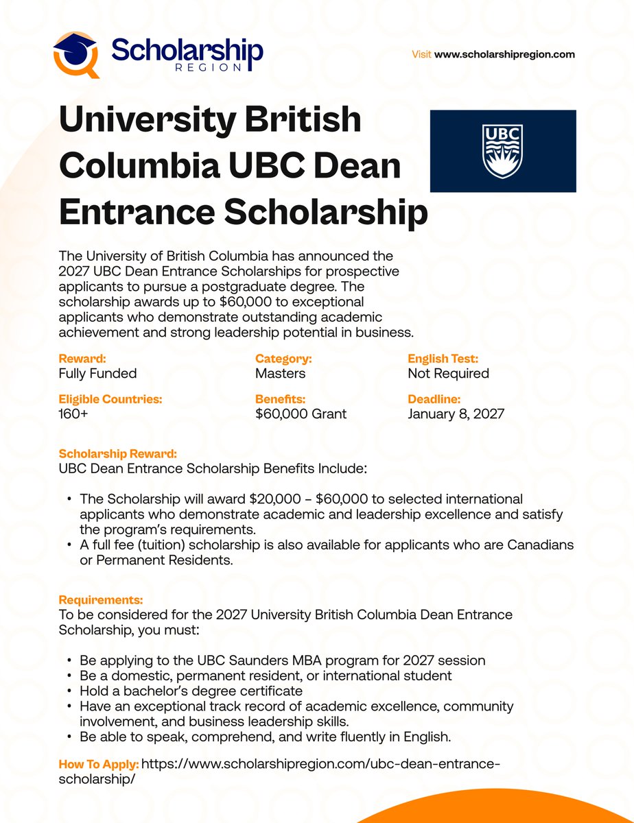 scholarsregion's tweet photo. Highly Rewarding Scholarships in Canada Without IELTS or TOEFL Requirements 2026/27 #SRThread
2027 University British Columbia UBC Dean Entrance Scholarship in Canada
https://t.co/3HN7IyYvW5
McGill University Mastercard Scholarship in Canada 2027 | Fully Funded
https://t.co/9cmeCrHDYz
University of Guelph Scholarship in Canada 2026 | Fully Funded
https://t.co/qA75C8O498
University of Saskatchewan Graduate Scholarship 2027
https://t.co/ZNKp12QO7K
University of Toronto Lester B Pearson Scholarship in Canada 2027 (Fully Funded)
https://t.co/UFArzxAl8G
Canada Graduate Research Scholarship 2027 (Doctoral)
https://t.co/qChXHS7TVT