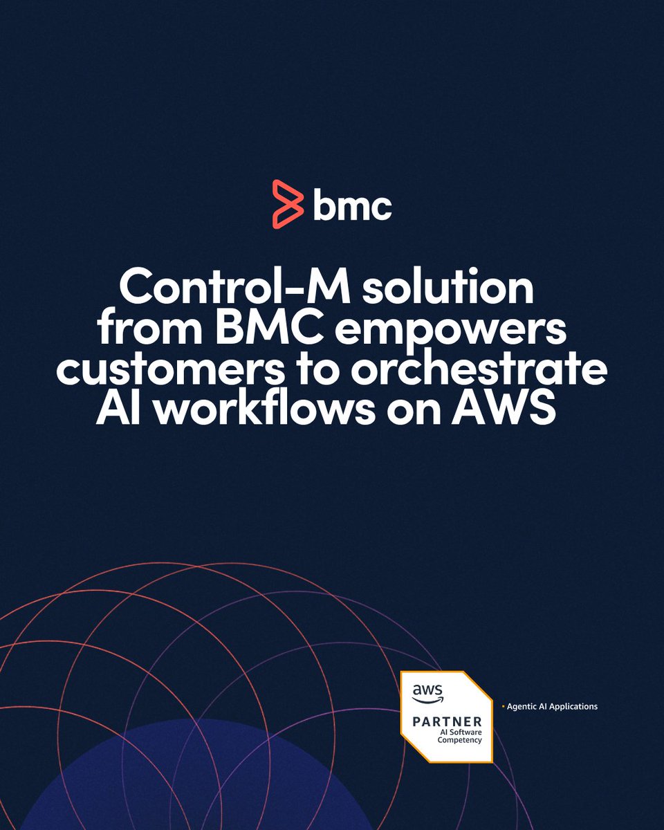 BMCSoftware's tweet photo. BMC has achieved the AWS AI Competency (Agentic AI Applications category).

AWS powers the cloud. Control-M orchestrates the outcomes.

Learn how we help enterprises run AI reliably at scale:  https://t.co/HMqE37MrUZ https://t.co/VC8NI9KsG9
