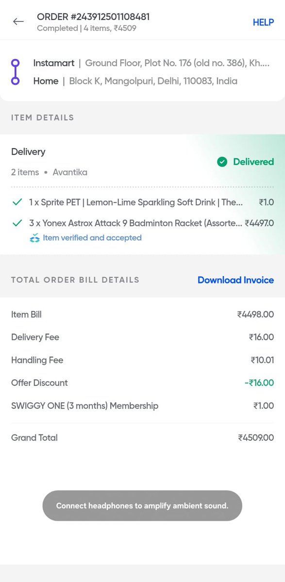 johnmsybnm's tweet photo. Extremely disappointed with @SwiggyCares ! I ordered Yonex Astrox Attack 9 Badminton Rackets (Order ID: #243912501108481) worth ₹4497, but the product arrived heavily damaged with multiple scratches. This is totally unacceptable.Please arrange an immediate pickup, return,refund https://t.co/PYWZ6wu4e3